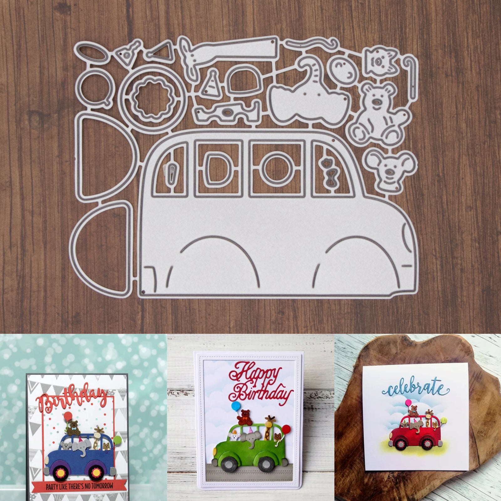 Party Bus w Animals & Balloons Cutting Embossing Dies
