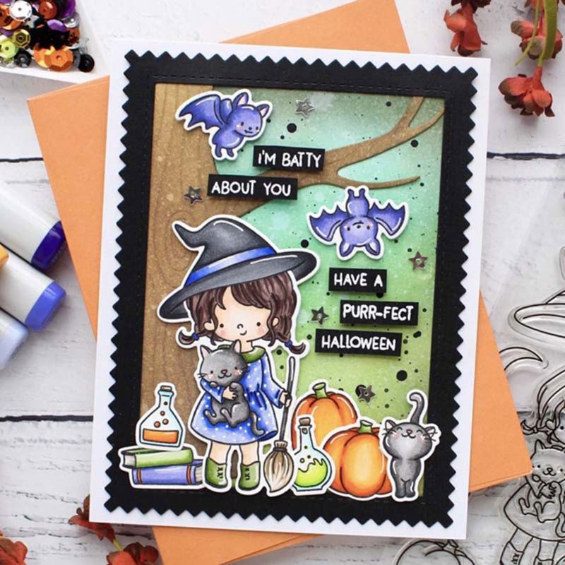 Best Witches Halloween Cutting Dies & Stamps Set w Girl Cats Bats Pumpkins Moon