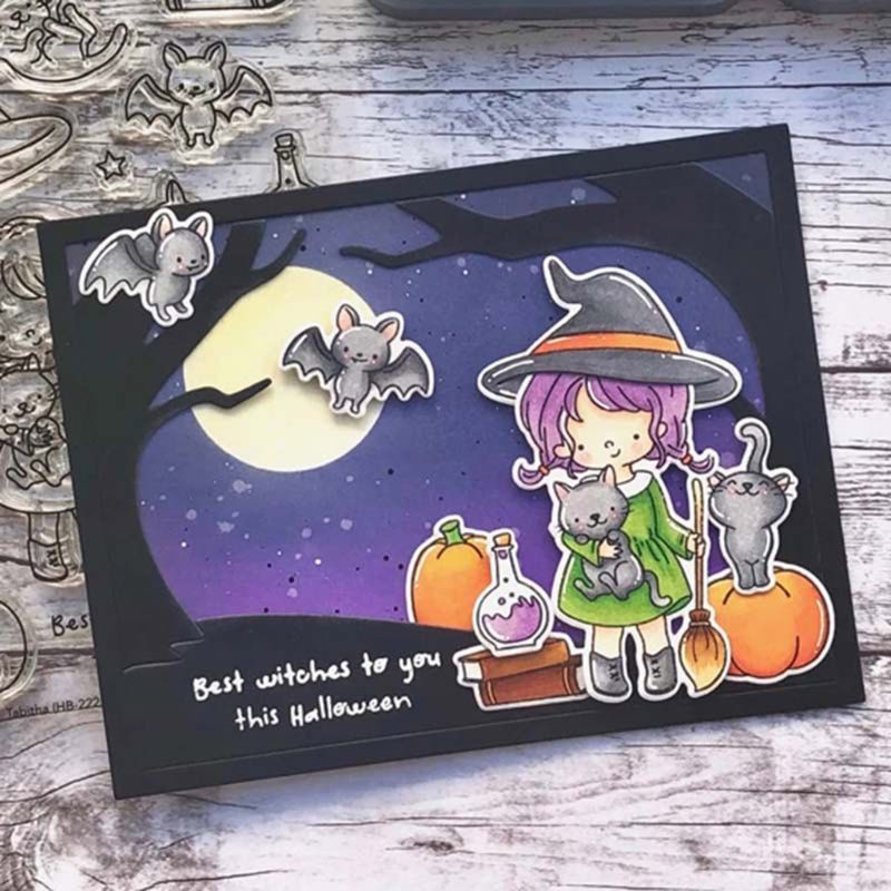 Best Witches Halloween Cutting Dies & Stamps Set w Girl Cats Bats Pumpkins Moon