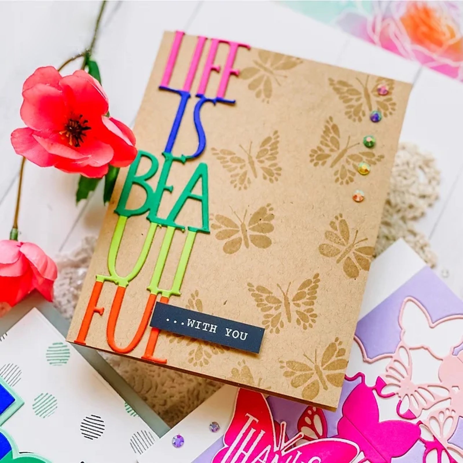 Life Is Beautiful Skinny Slimline Sentiment w Butterflies Cutting Embossing Dies