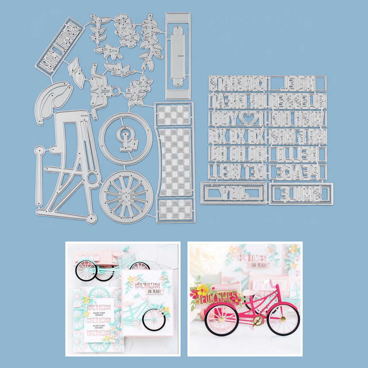 3D Bicycle with Basket and Word Decorations Cutting and Embossing Dies