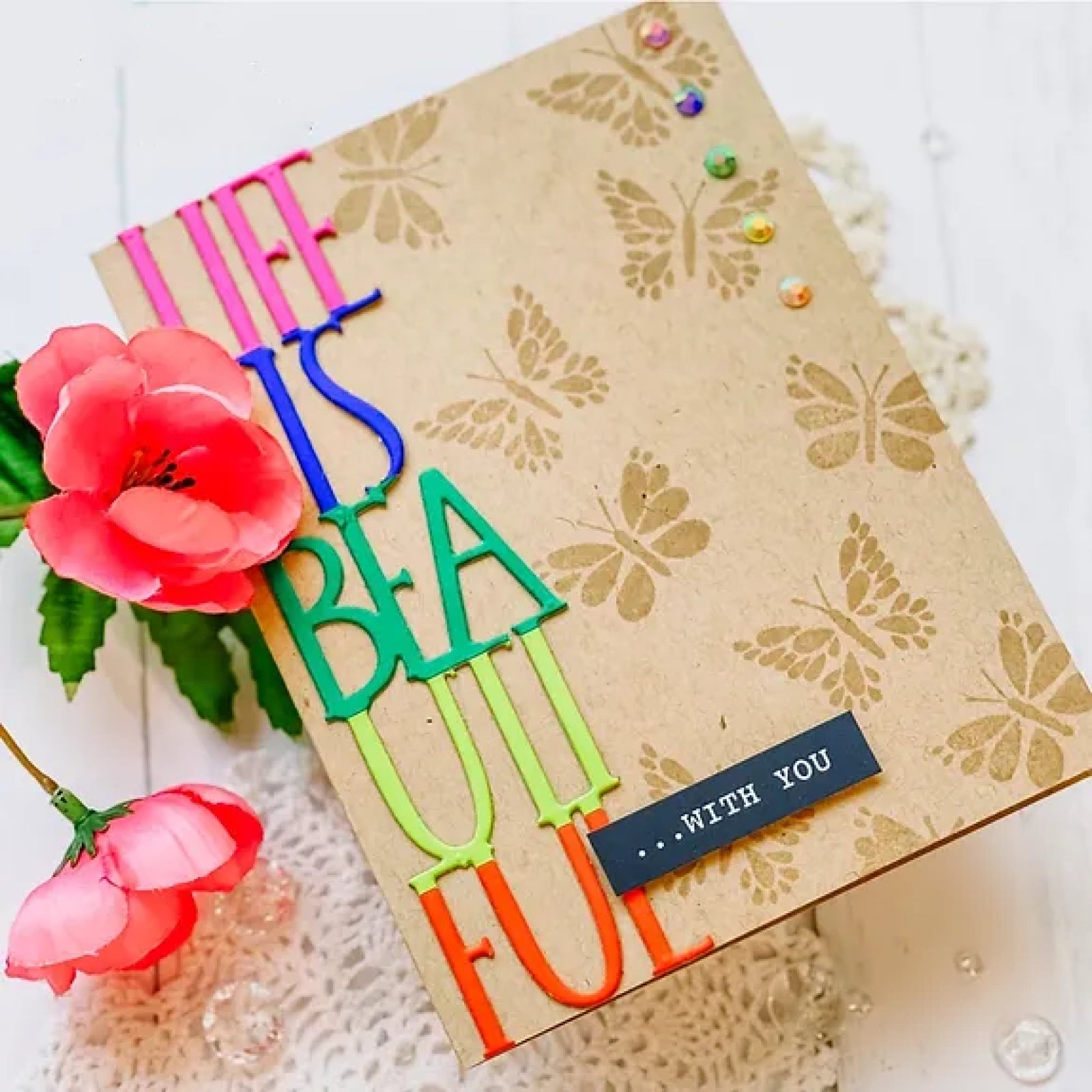 Life Is Beautiful Skinny Slimline Sentiment w Butterflies Cutting Embossing Dies