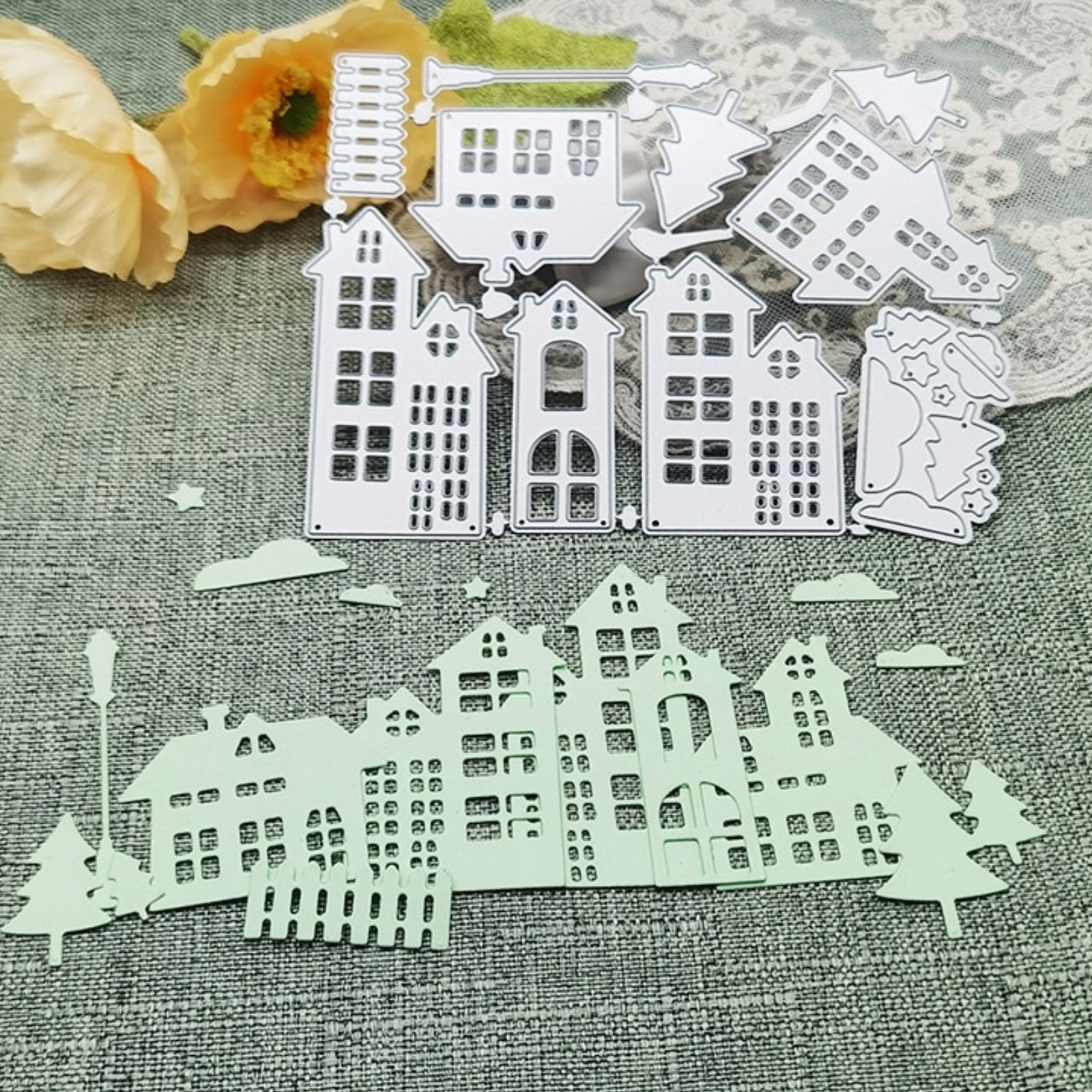 Village Builder City Buildings w Trees & Streetlight Cutting Die Set