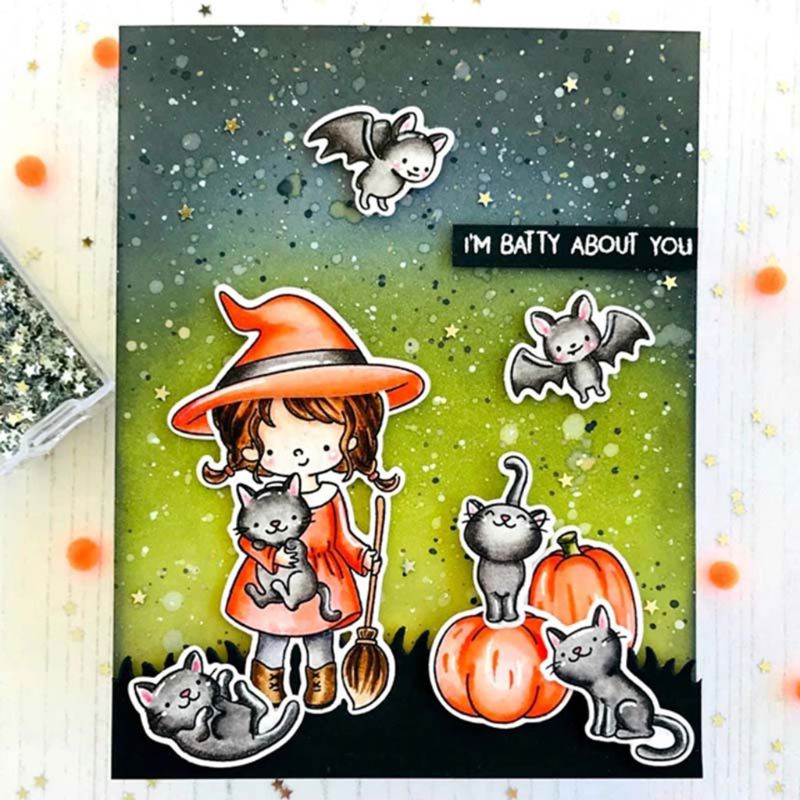 Best Witches Halloween Cutting Dies & Stamps Set w Girl Cats Bats Pumpkins Moon