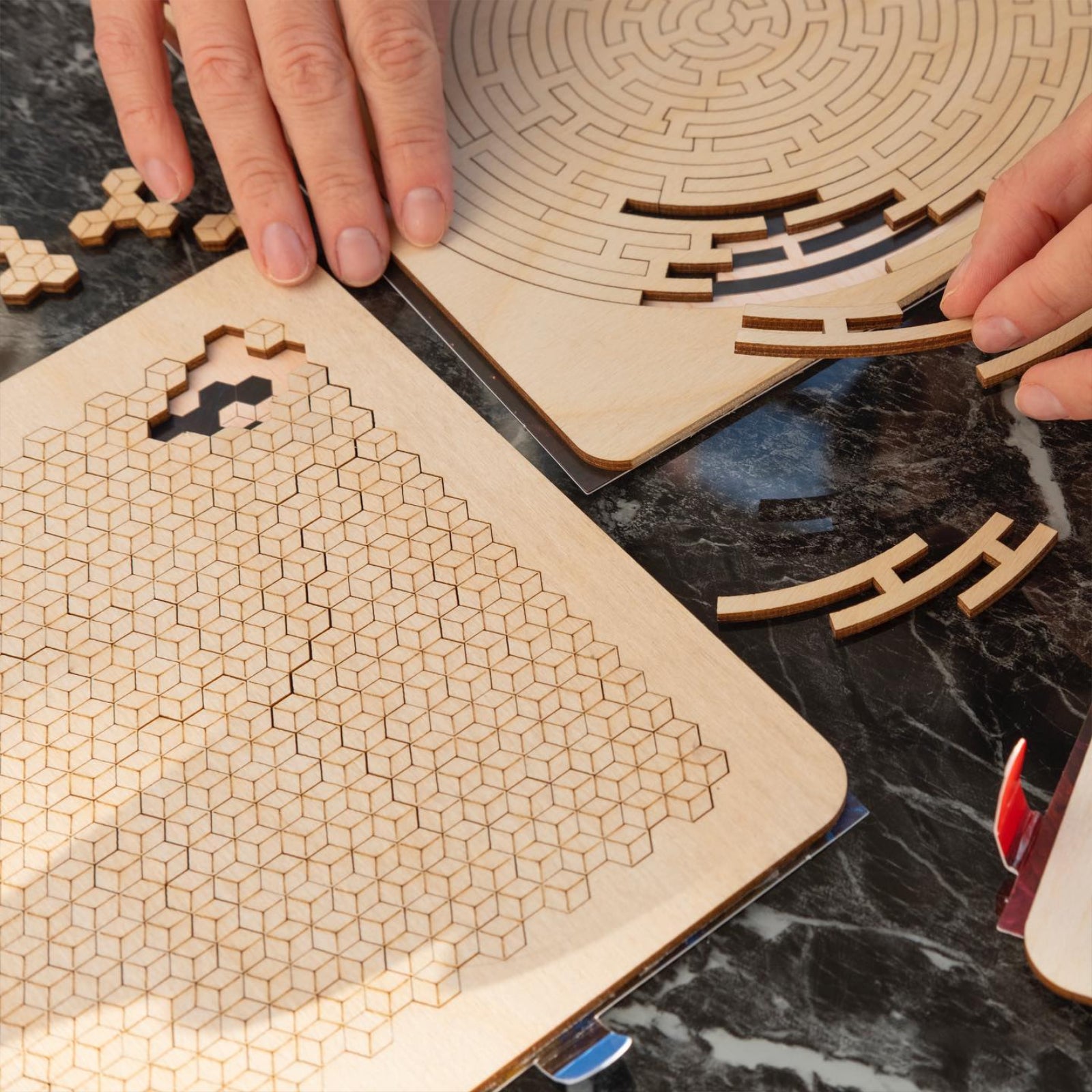Wooden Puzzle Trio - Labyrinth, Quest, Cube Jigsaw Puzzle - ESC Welt