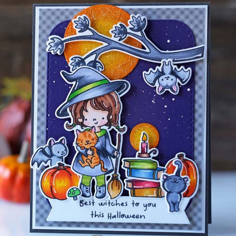 Best Witches Halloween Cutting Dies & Stamps Set w Girl Cats Bats Pumpkins Moon