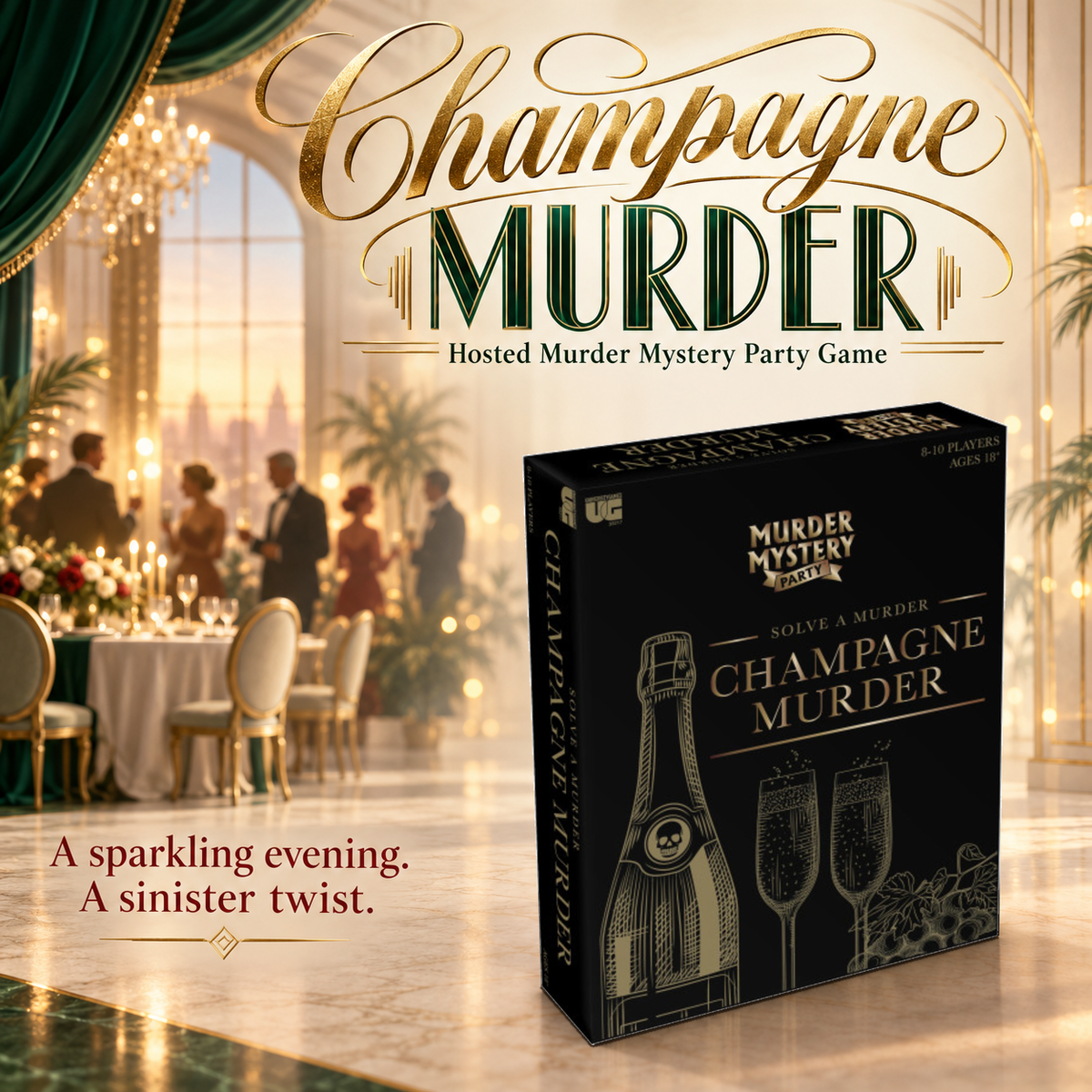 Champagne Murder game box on a marble tabletop in an elegant dinner-party setting.
