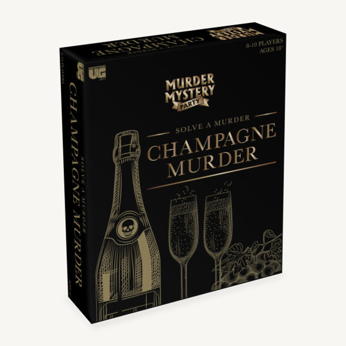 Champagne Murder murder mystery party game box on a neutral background.