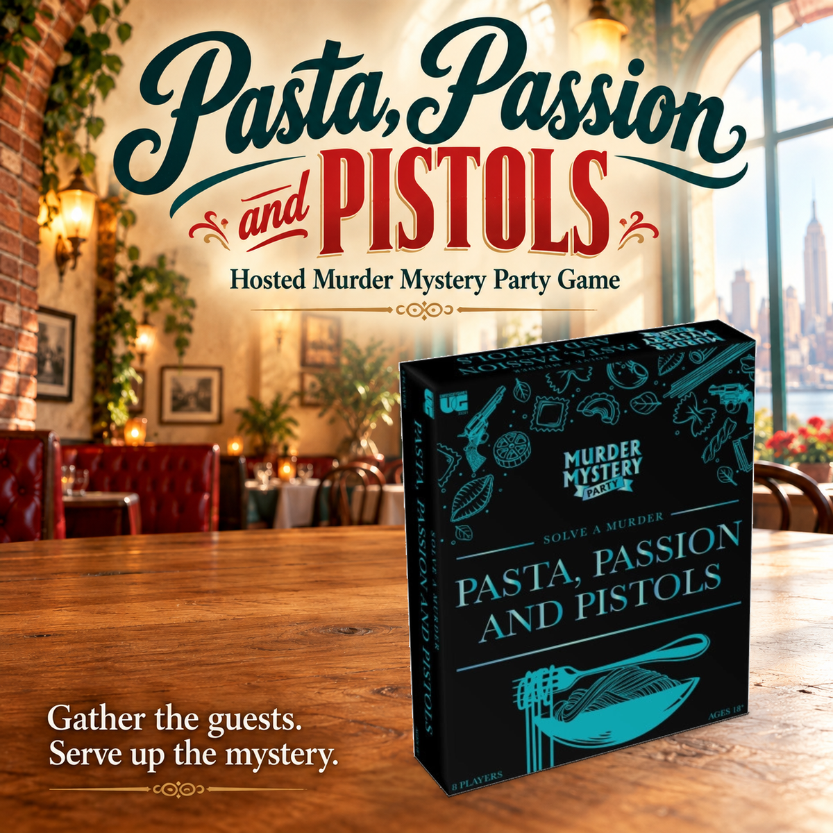 Pasta, Passion and Pistols game box in a themed tabletop setting.