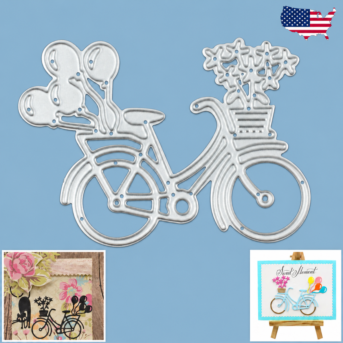 Bicycle with Basket Flowers Balloons Cutting & Embossing Die