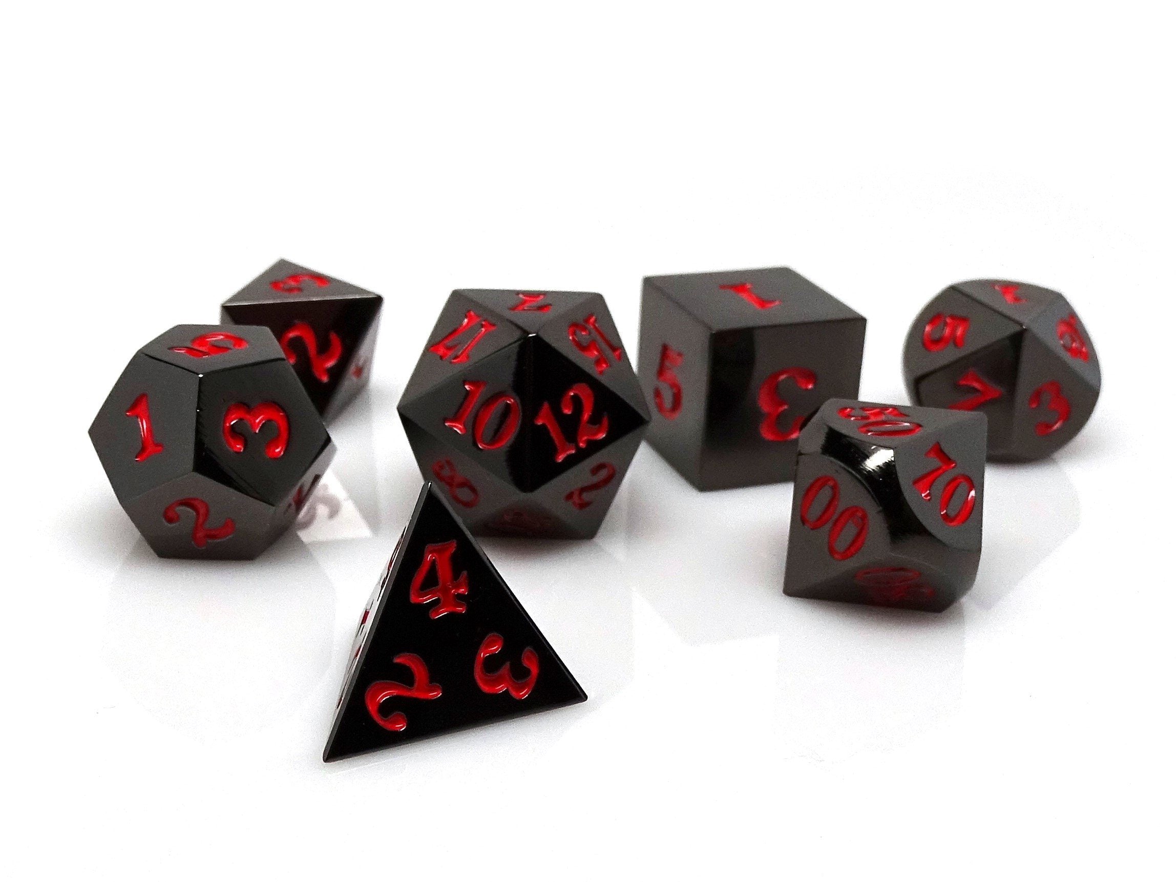 Gun Metal 7 Piece Dice Set - Signature Font - Red