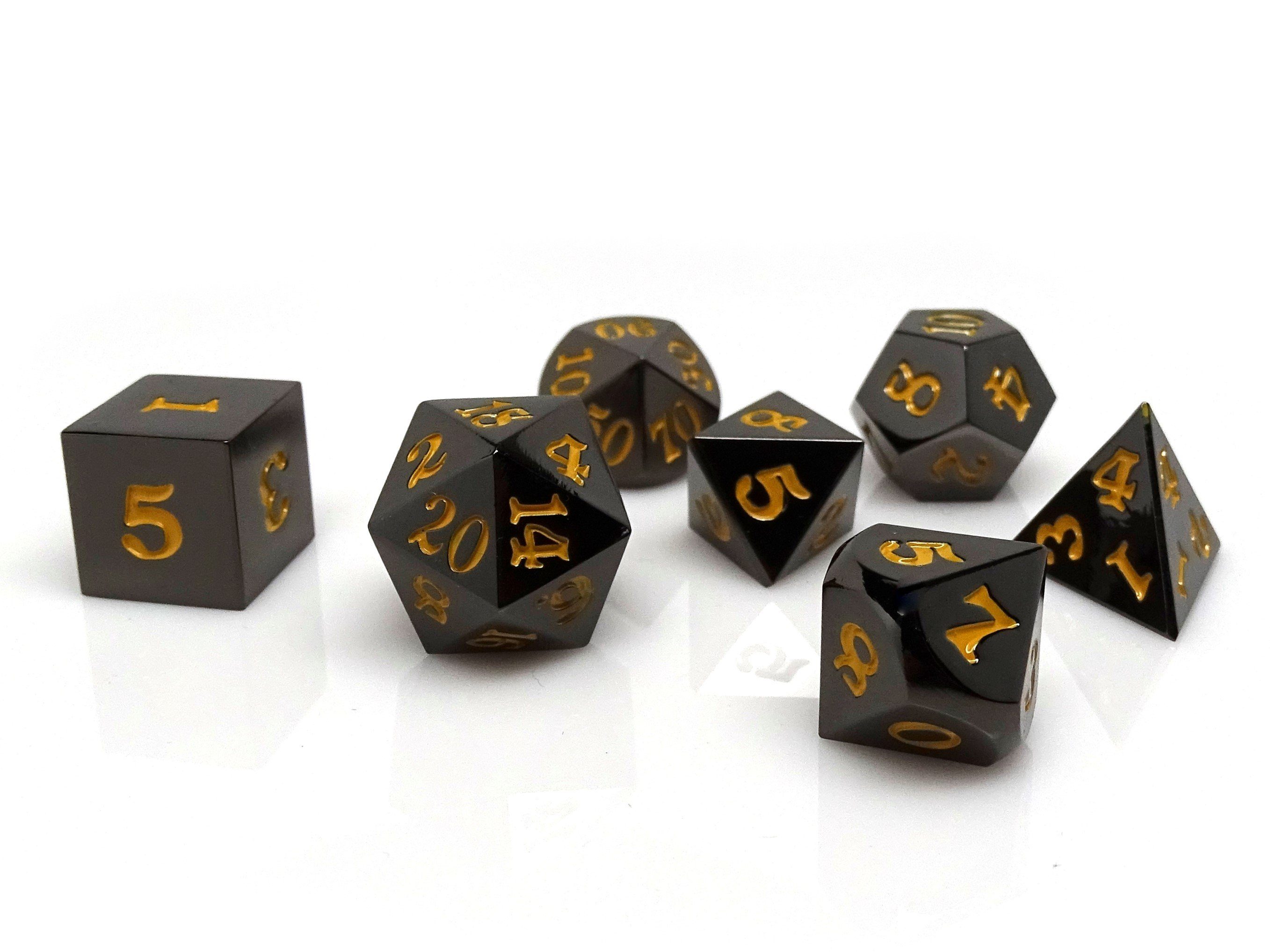 Gun Metal 7 Piece Dice Set - Signature Font - Gold