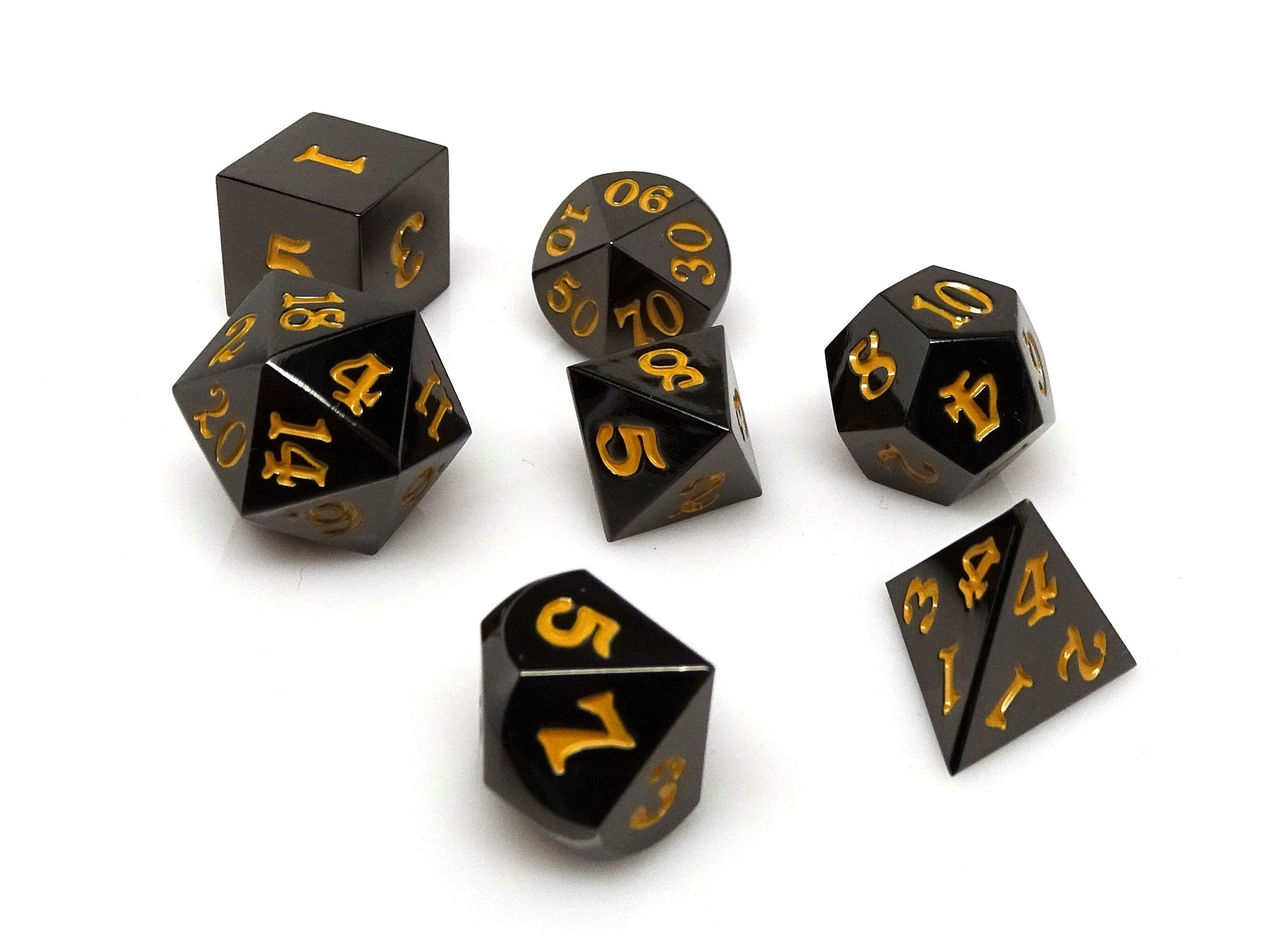 Gun Metal 7 Piece Dice Set - Signature Font - Gold