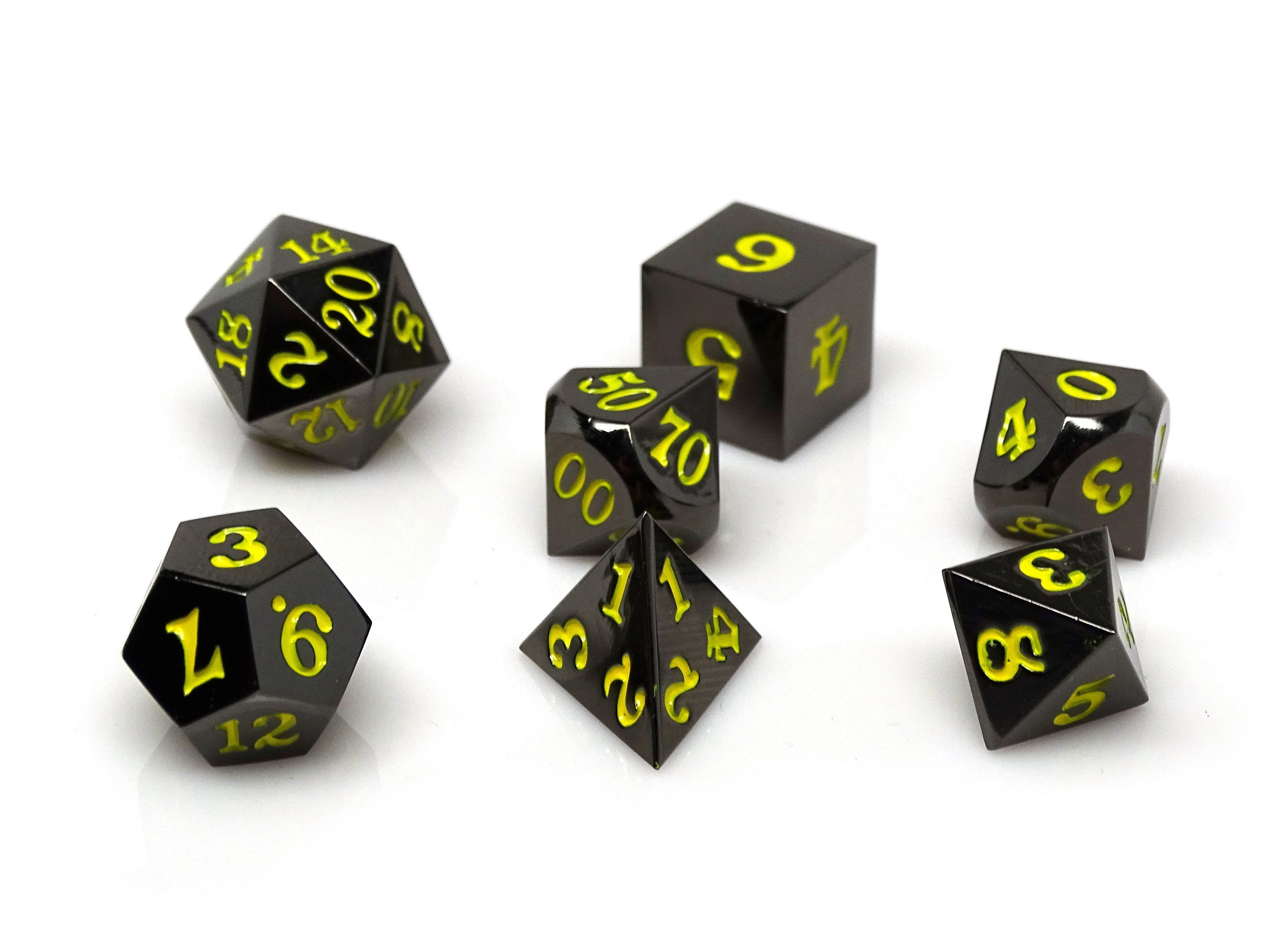 Gun Metal 7 Piece Dice Set - Signature Font - Yellow