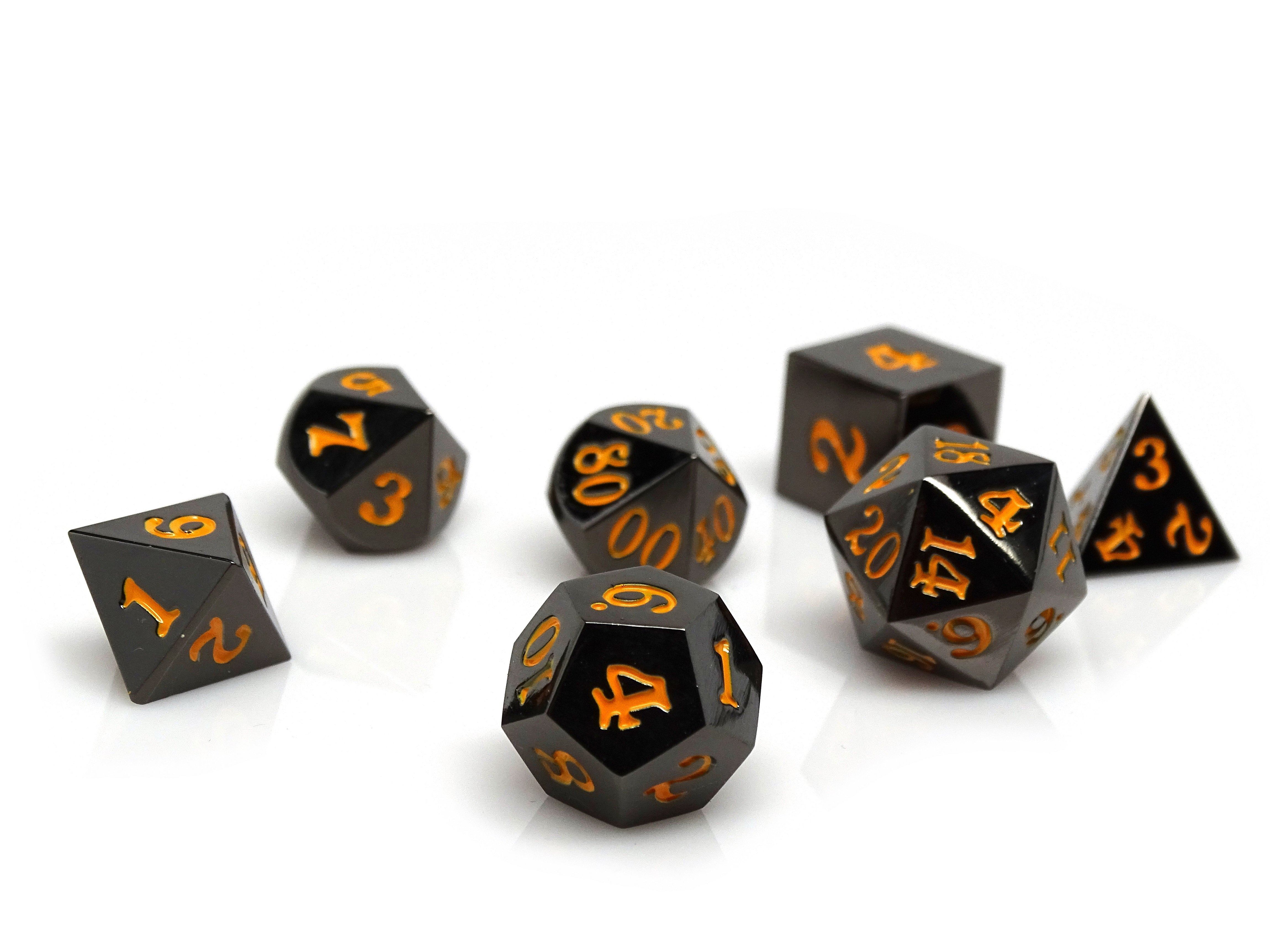 Gun Metal 7 Piece Dice Set - Signature Font - Orange