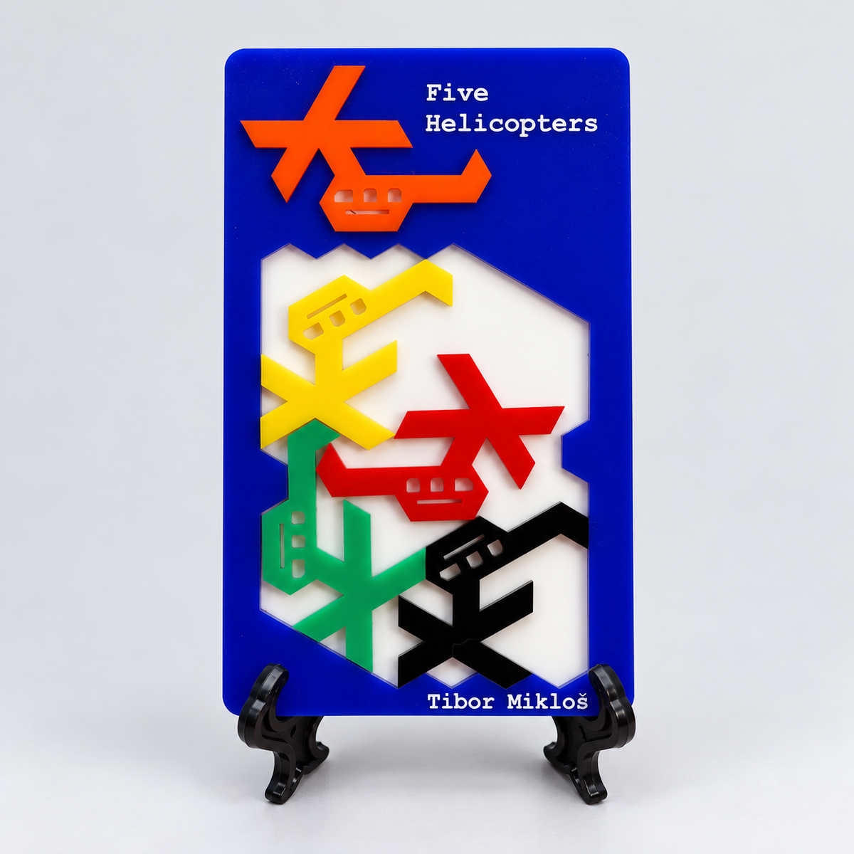 Five Helicopters, original five colored acrylic pieces, blue tray and complete black stand