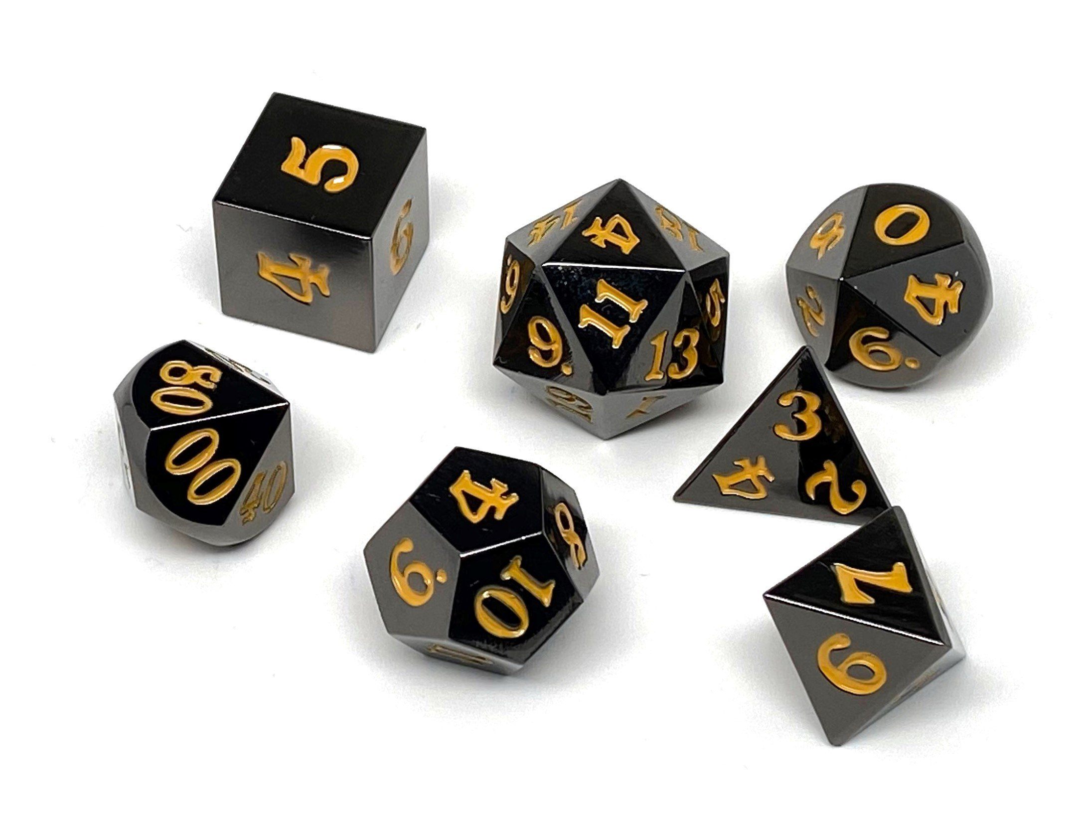 Gun Metal 7 Piece Dice Set - Signature Font - Gold
