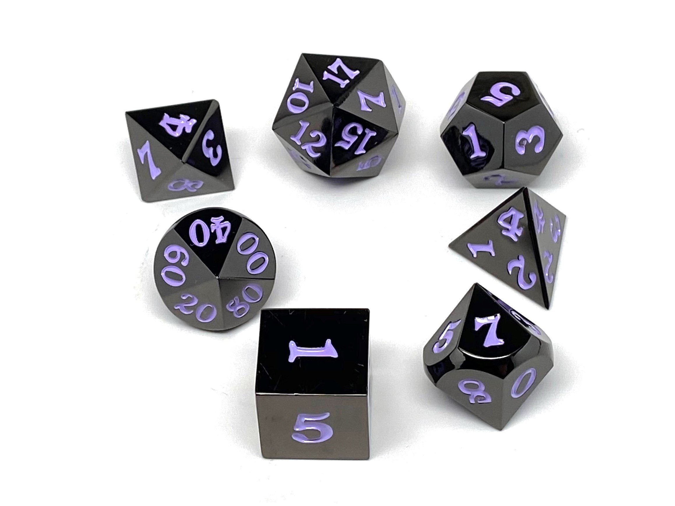 Gun Metal 7 Piece Dice Set - Signature Font - Purple