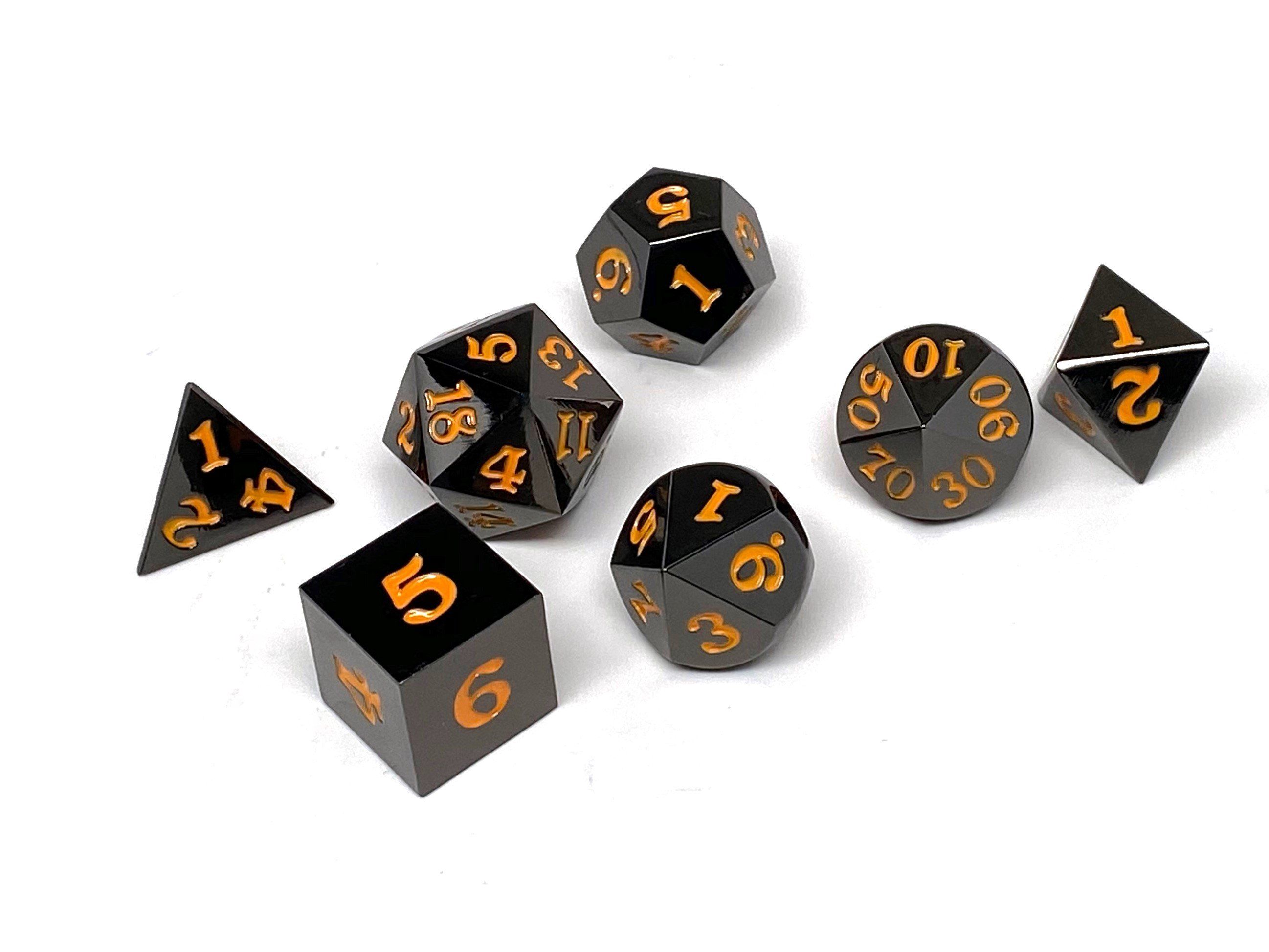 Gun Metal 7 Piece Dice Set - Signature Font - Orange