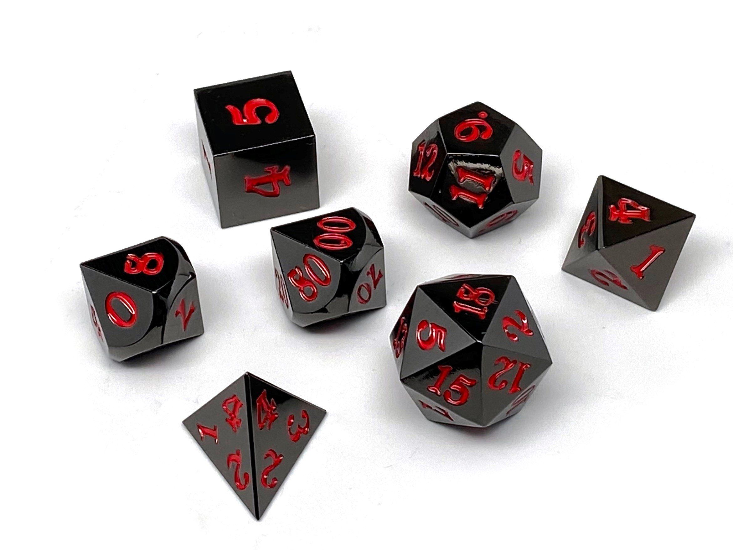 Gun Metal 7 Piece Dice Set - Signature Font - Red