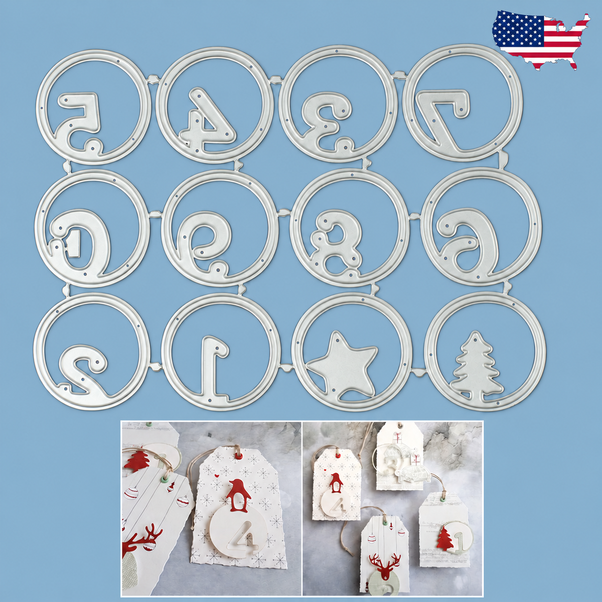 Number Cutting Dies in Circle Frames with Star and Evergreen Tree
