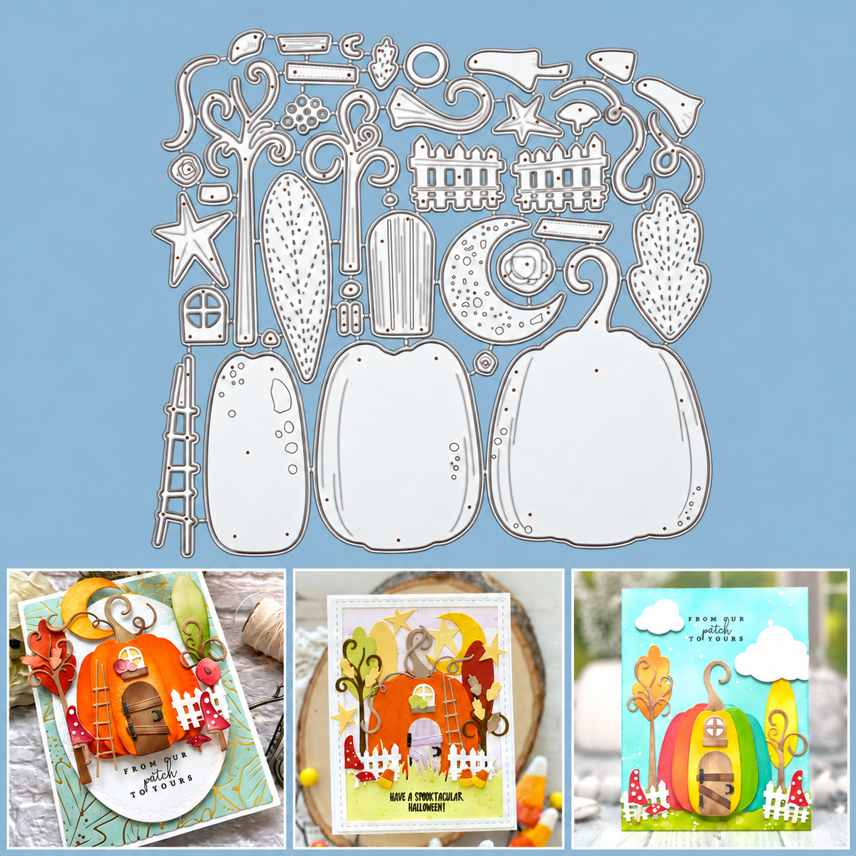 Build It Pumpkin House w Trees, Fences, & Stars Cutting Dies