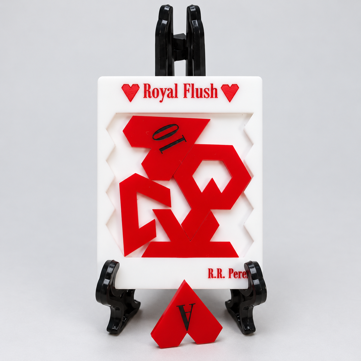 Royal Flush Hearts acrylic puzzle and loose ace on black display stand