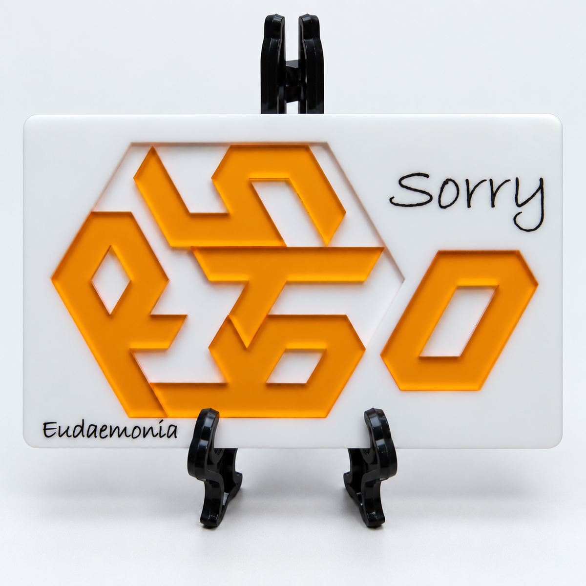 Sorry acrylic packing puzzle with five letter pieces and black stand