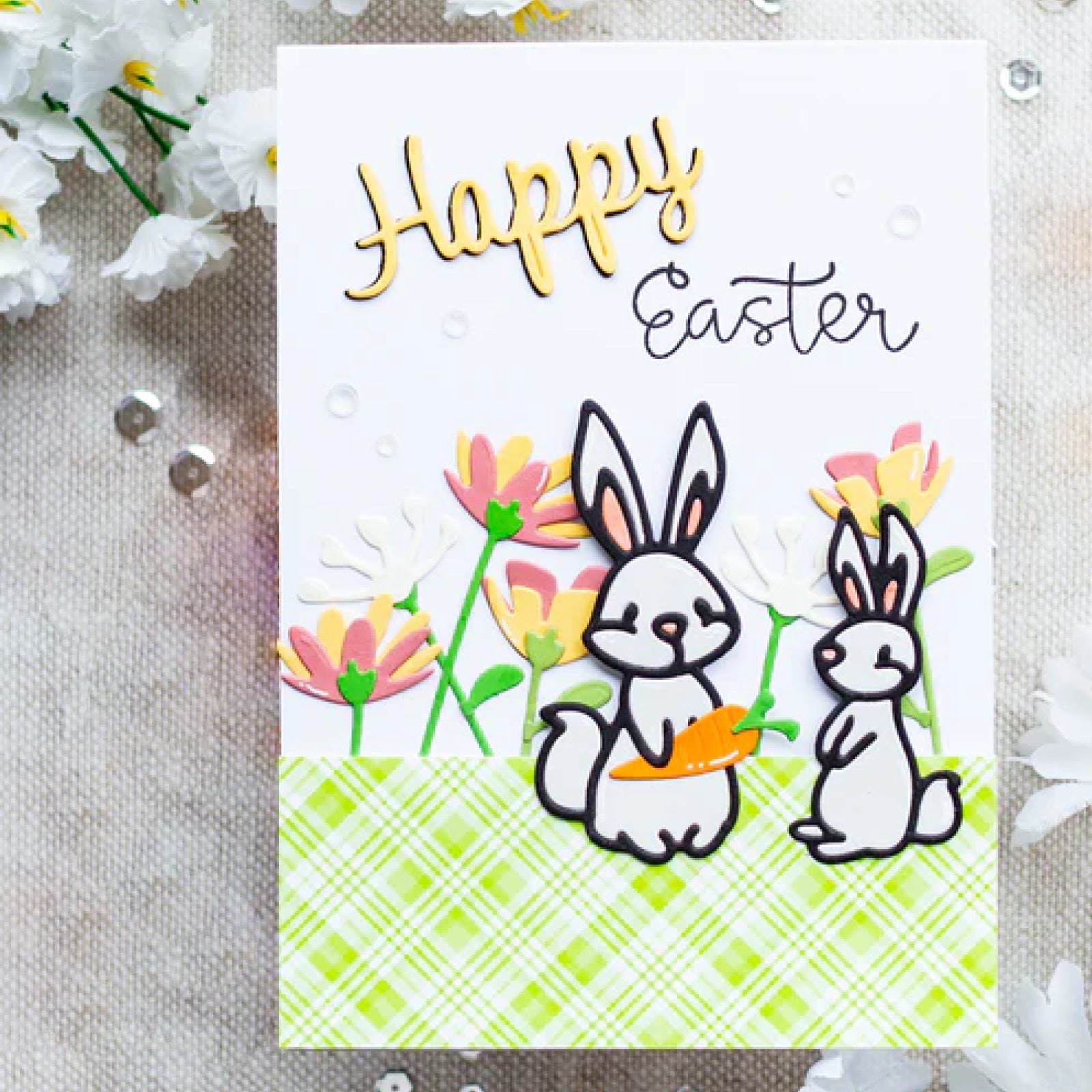Be Happy Bunnies w Carrots & Flowers Cutting Dies