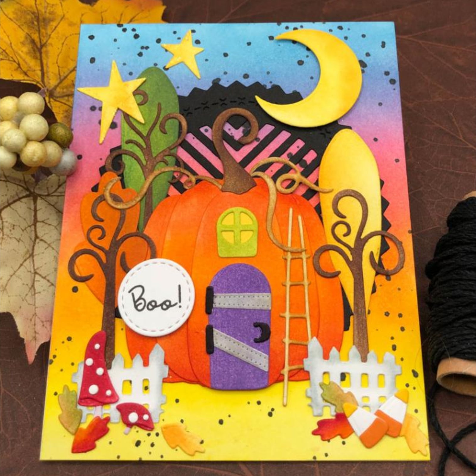 Build It Pumpkin House w Trees, Fences, & Stars Cutting Dies