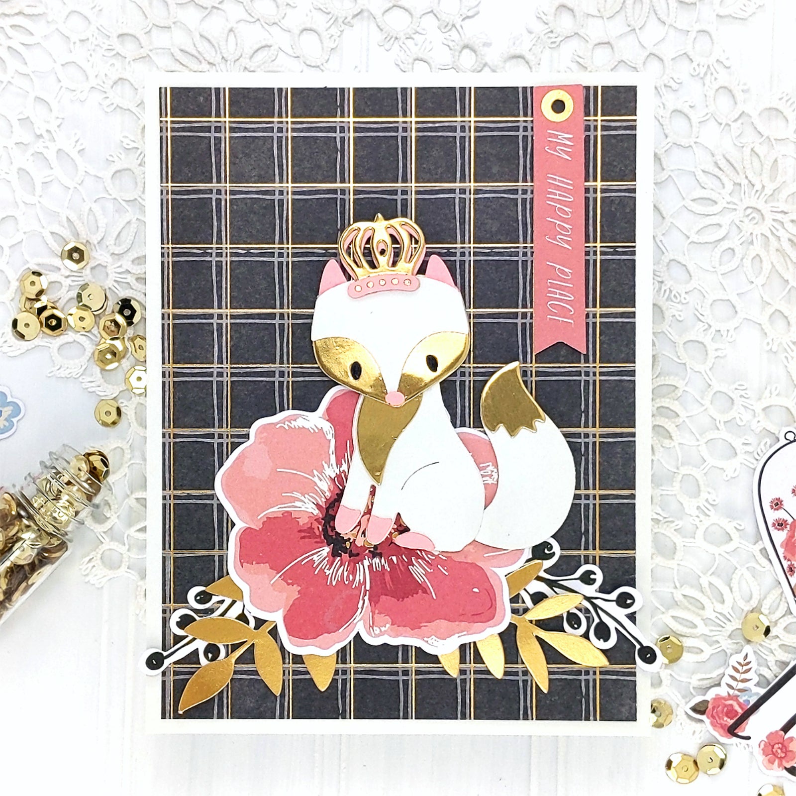 Happy for You Fox w Crown & Flora Cutting Dies