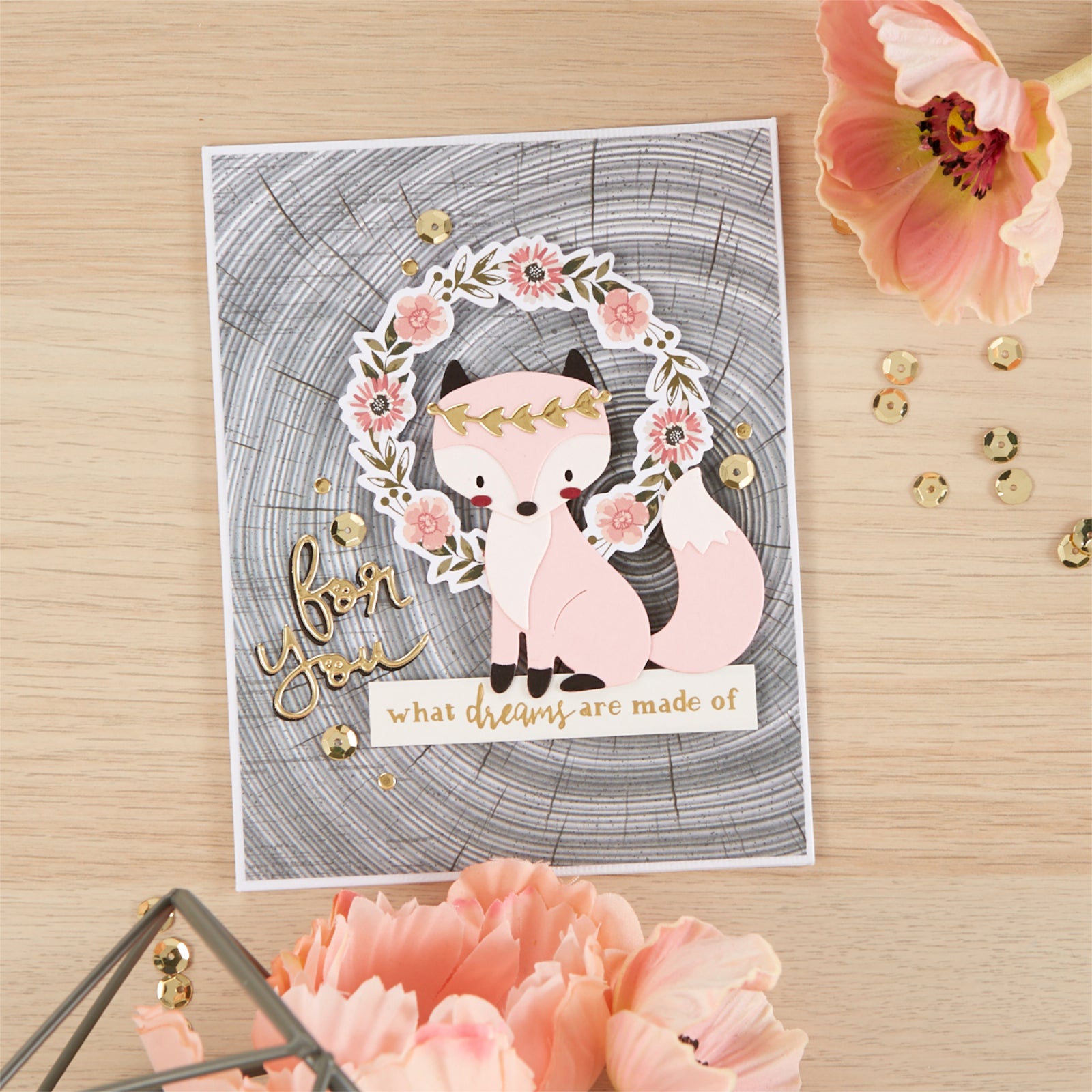 Happy for You Fox w Crown & Flora Cutting Dies