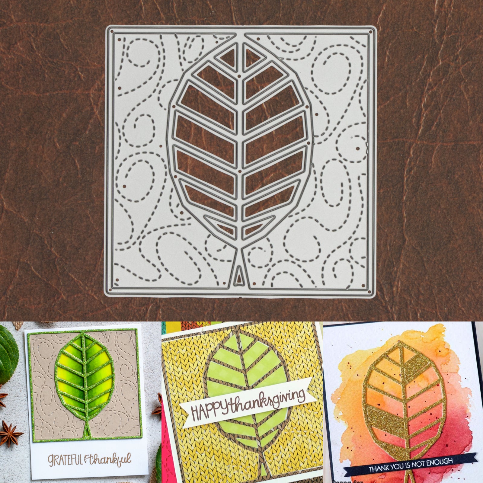 Leaf / Tree Square Background Frame w Stitched Swirls Cutting Die