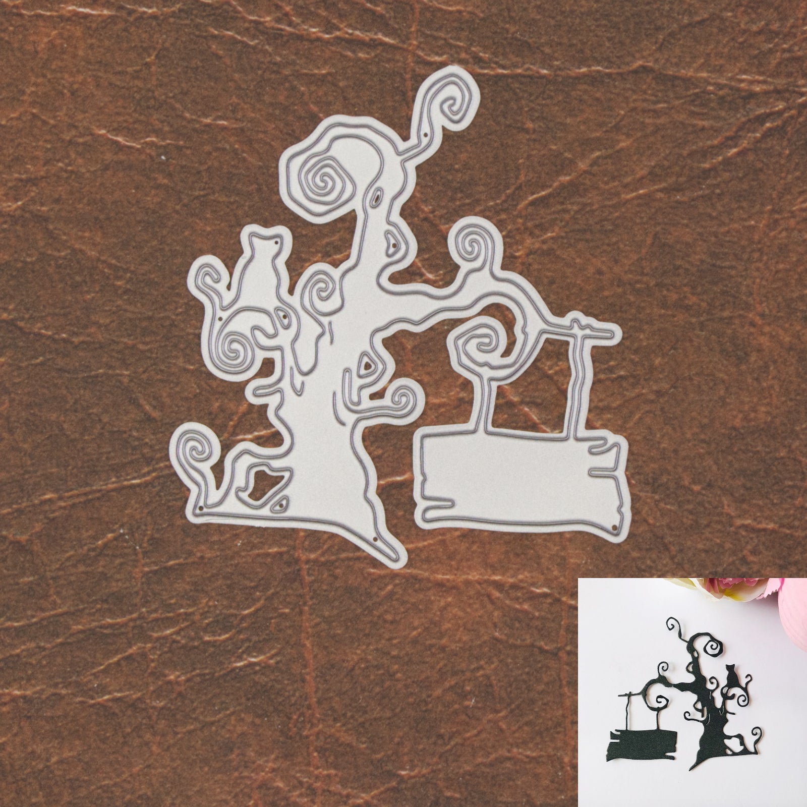 Curled Tree w Cat & Hanging Sign Cutting Die