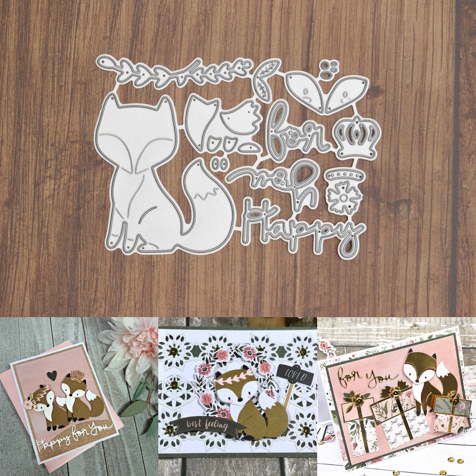 Happy for You Fox w Crown & Flora Cutting Dies