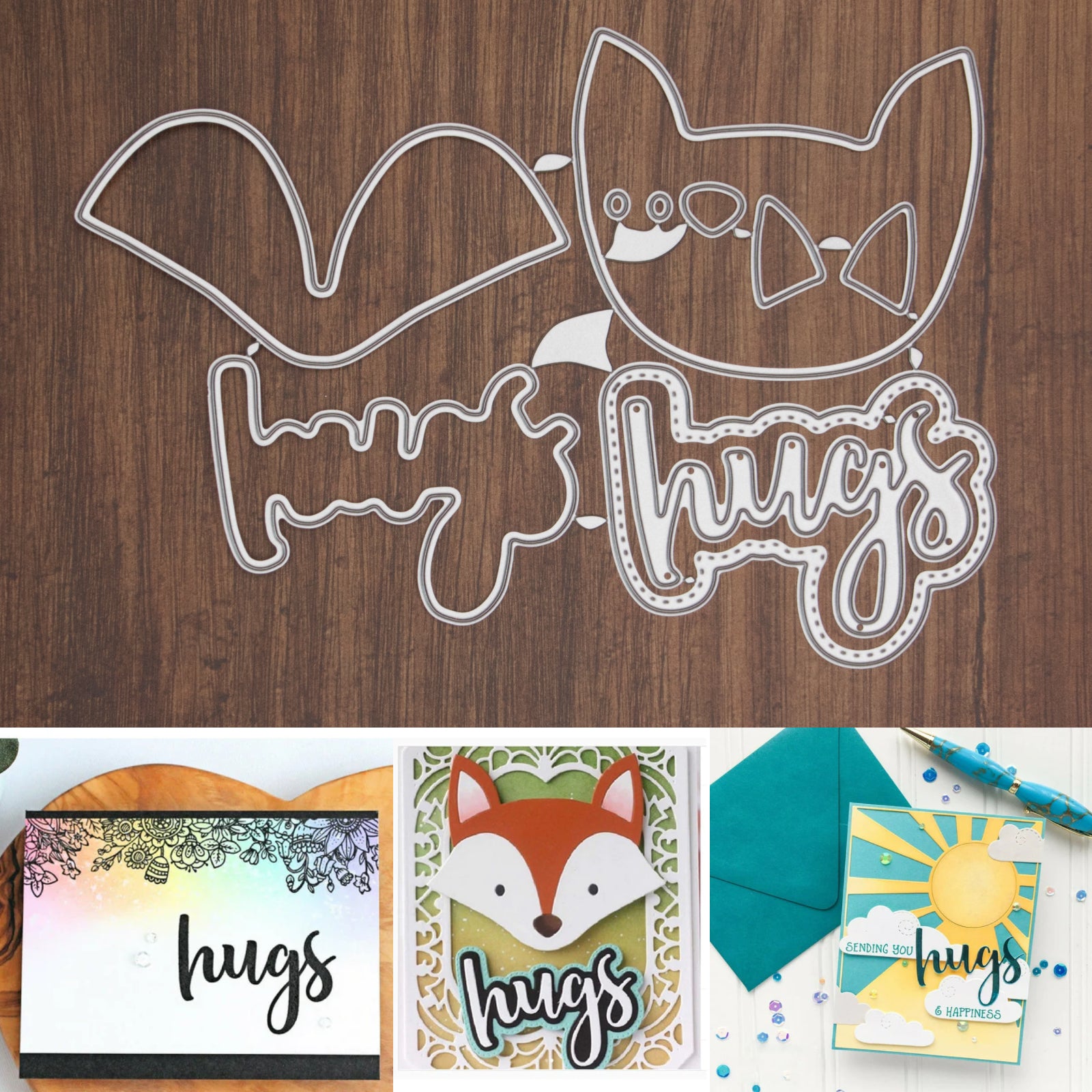 Layering Fox Face & Hugs Word w Double Shadows Cutting Embossing Dies – Style B