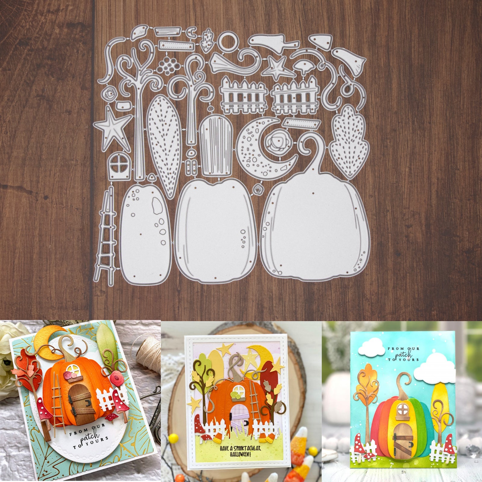 Build It Pumpkin House w Trees, Fences, & Stars Cutting Dies