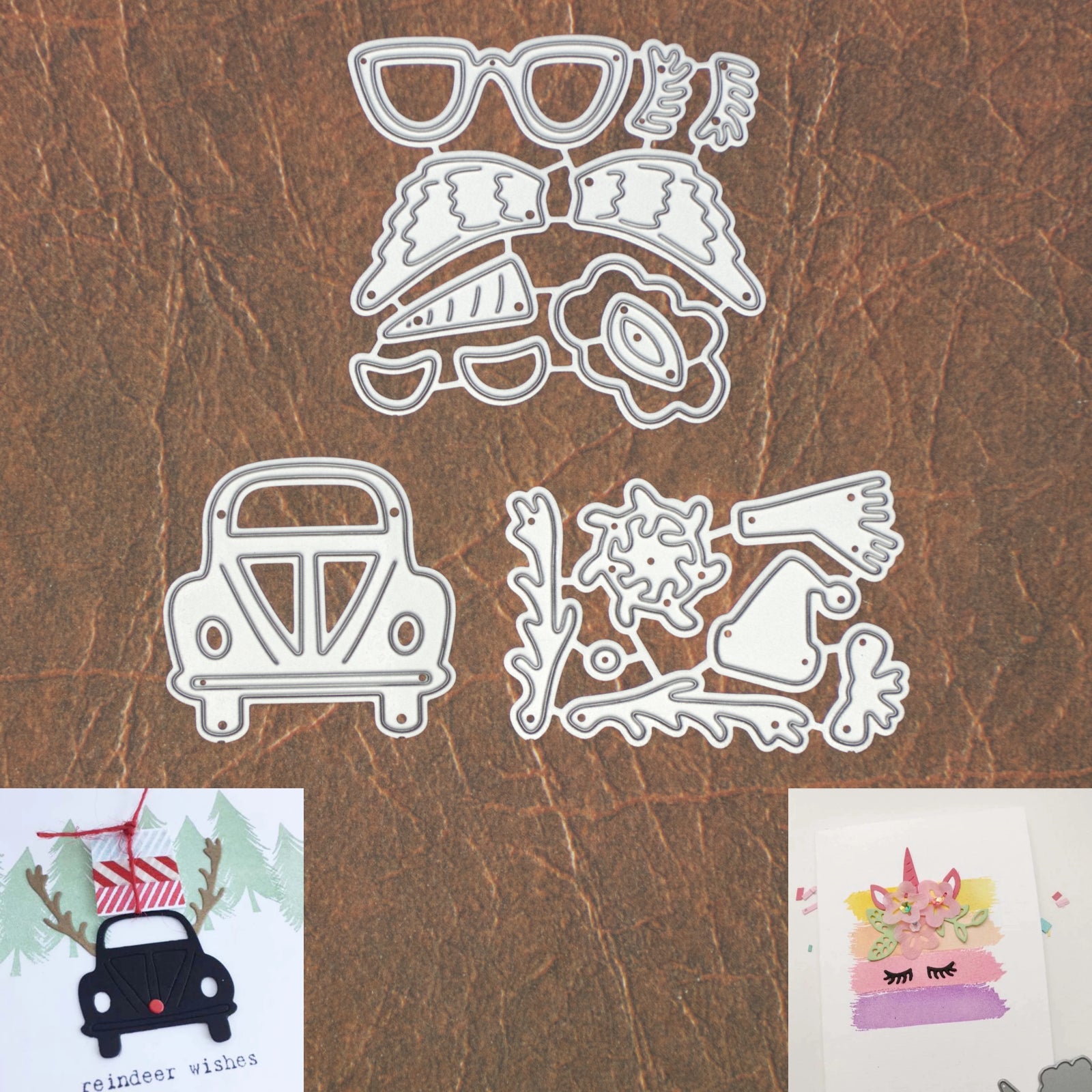 Whimsical Holiday Cutting Die Set – Unicorn Reindeer and Bug Car