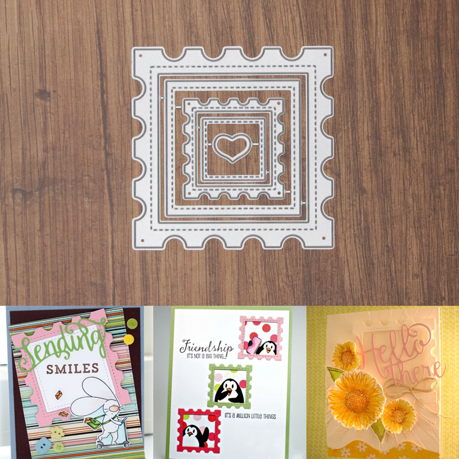 Postage Stamp Frames w Squares Stitched Nesting Cutting & Embossing Dies