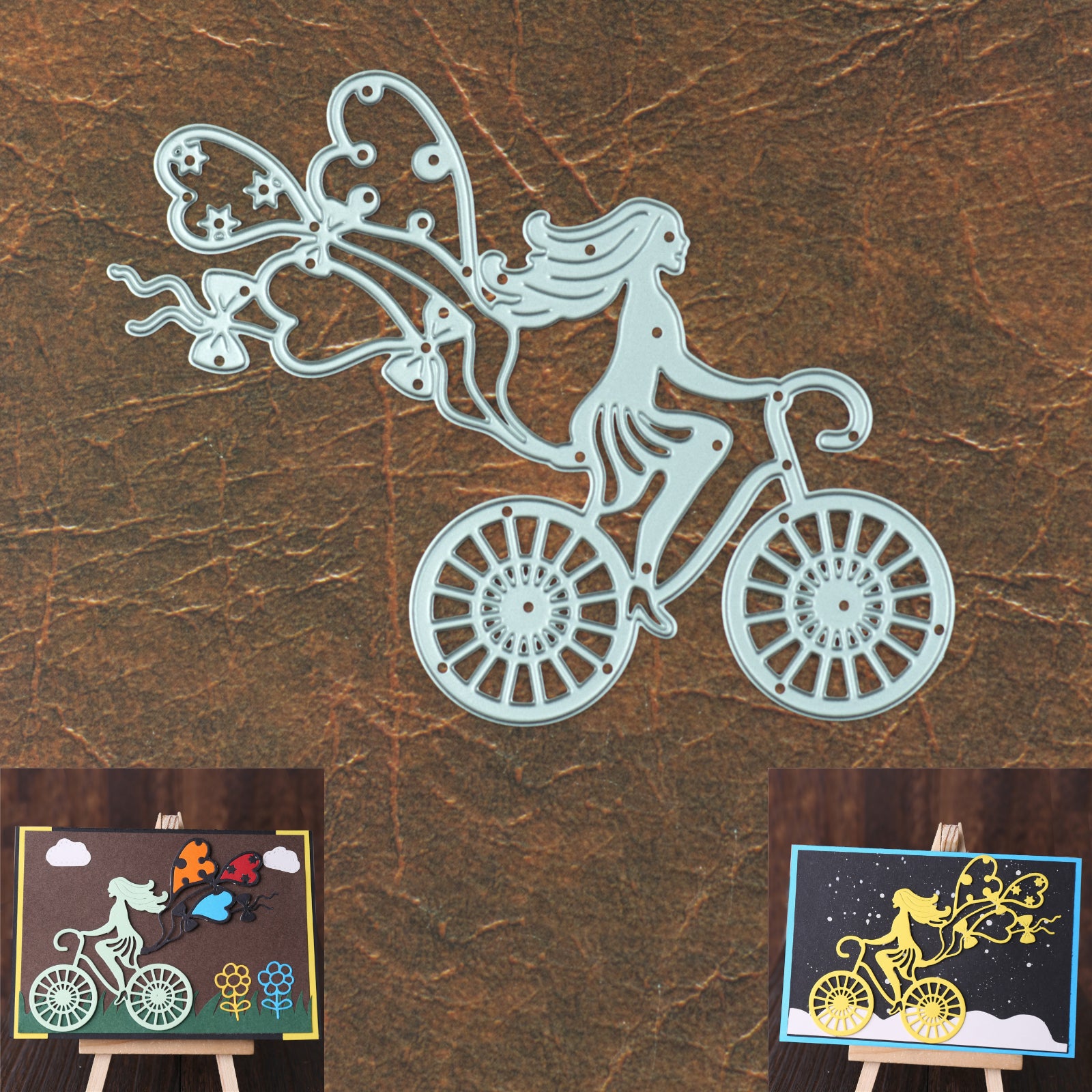 Lady Riding Bicycle w Heart Balloons Cutting Die