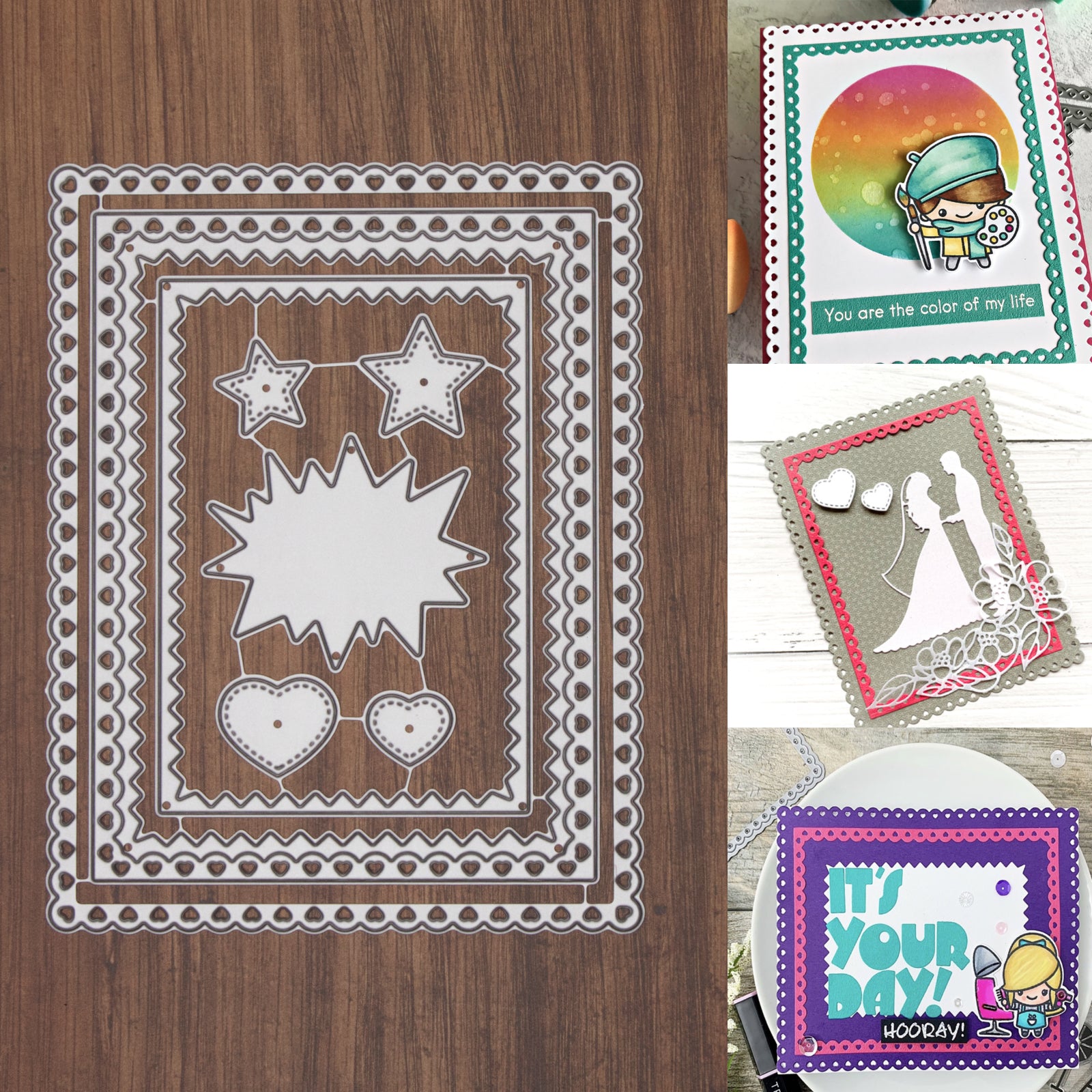 Hearts Edged Rectangle w Frames Stars Burst Cutting Dies