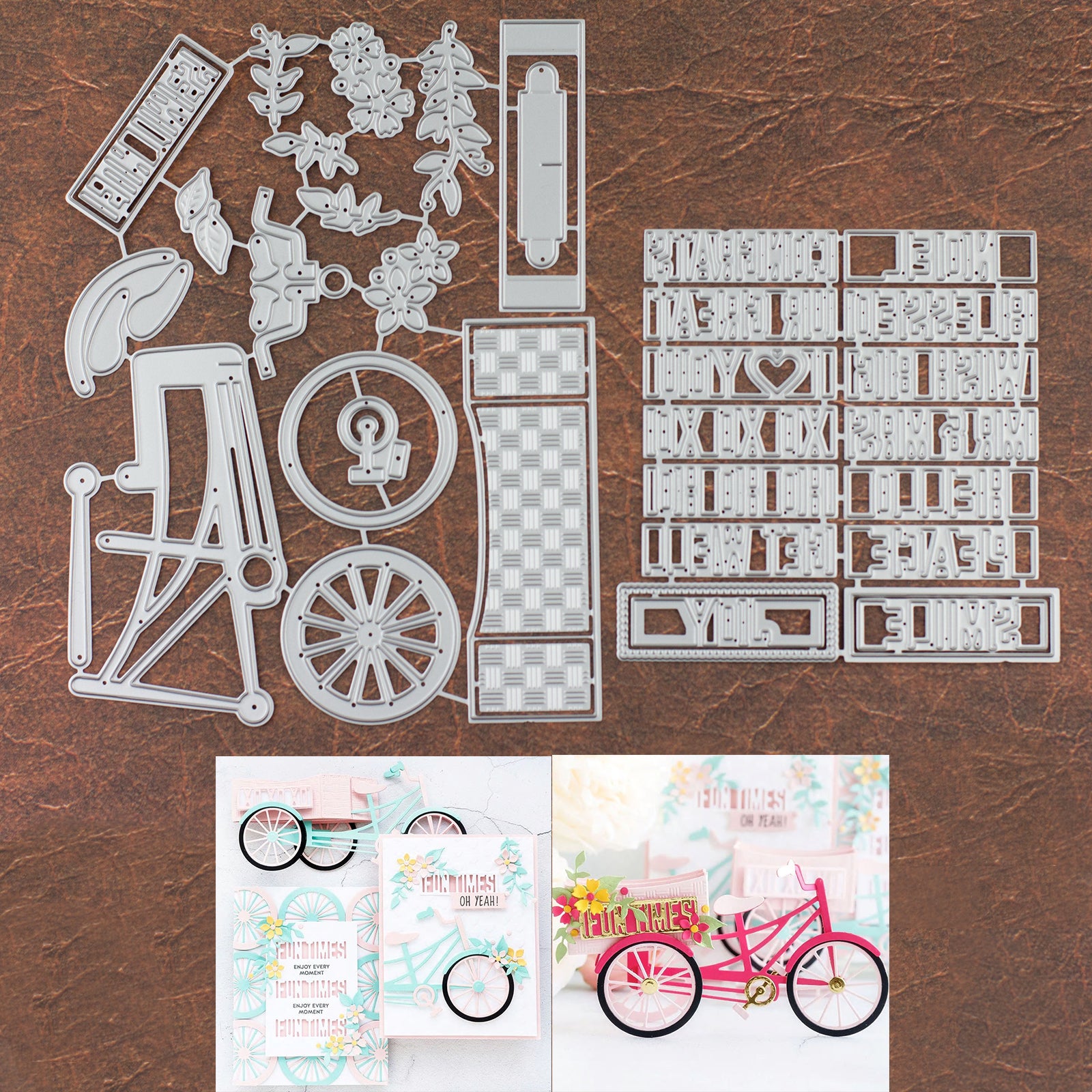 3D Bicycle with Basket and Word Decorations Cutting and Embossing Dies