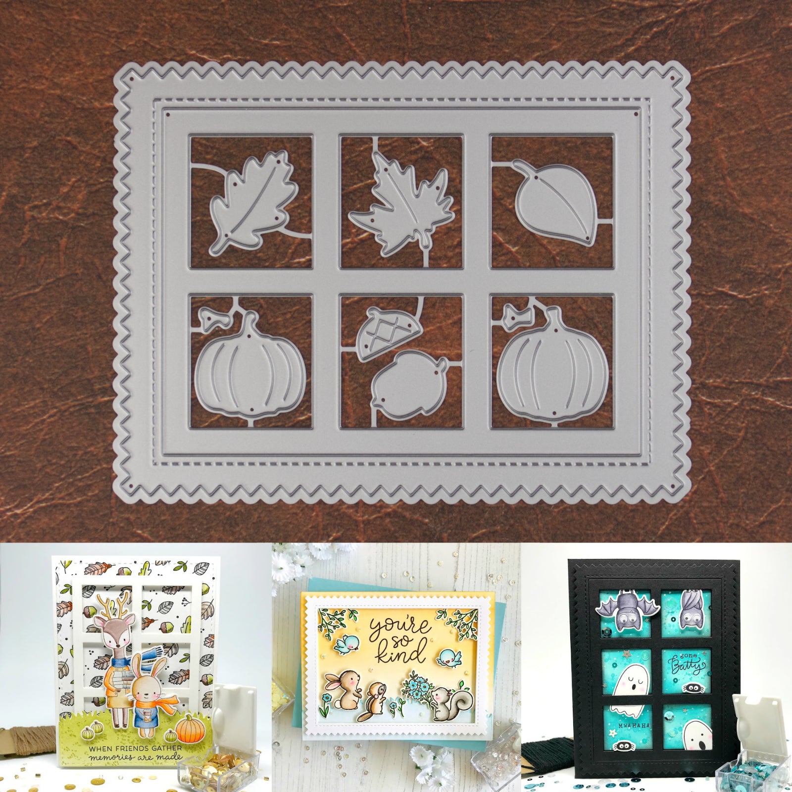 Autumn Harvest Background Frame Grid Cutting Dies w Leaves Pumpkins Acorn