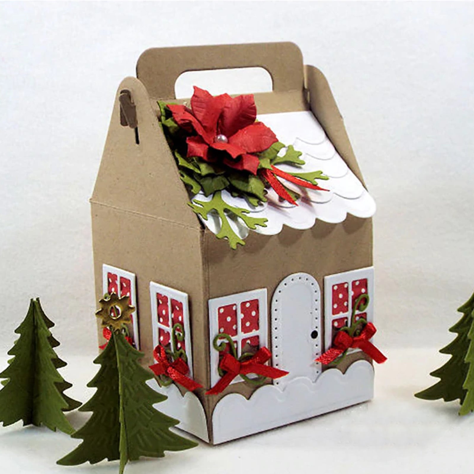 Gingerbread House Gift Box w Christmas Tree Tag Bow Cutting & Embossing Dies