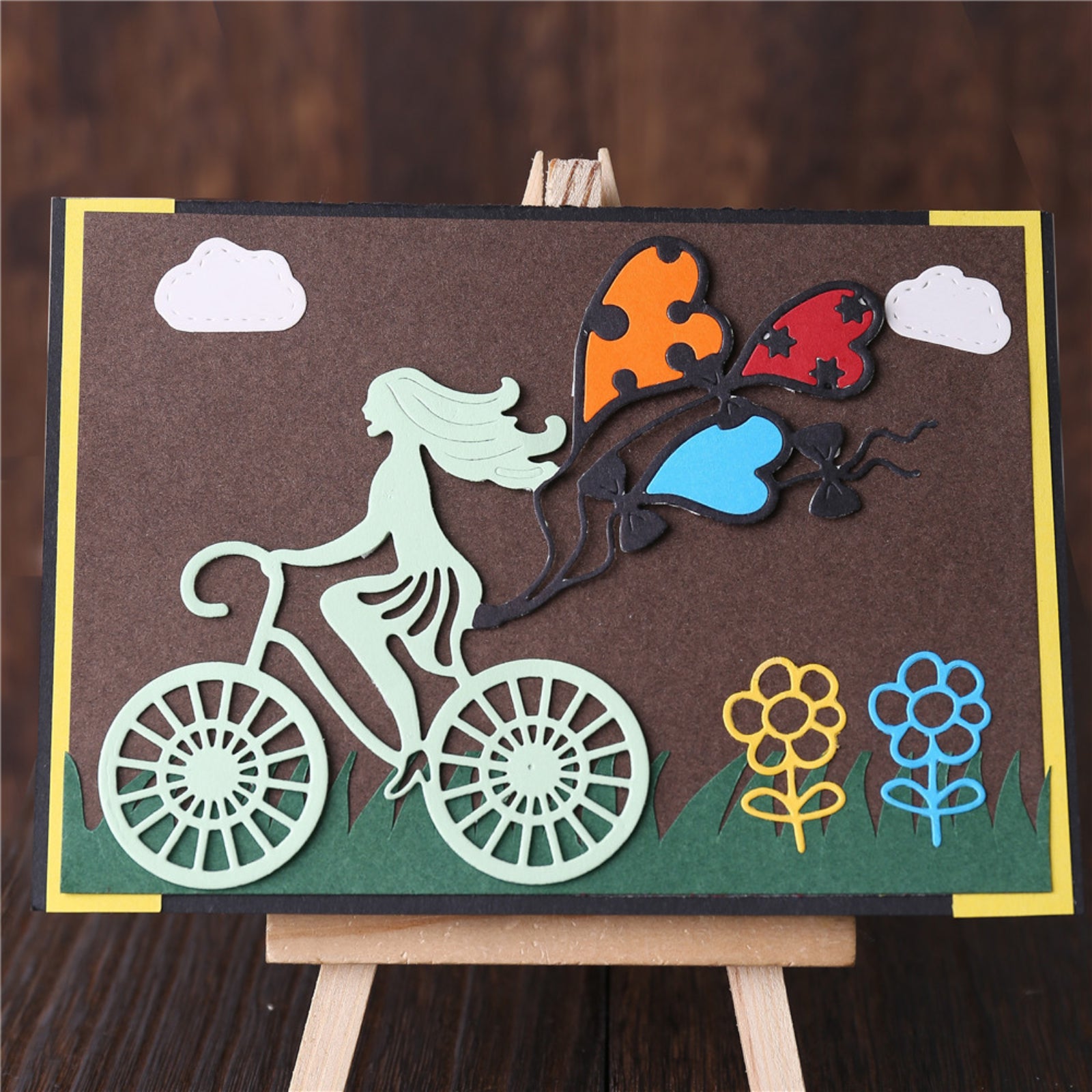 Lady Riding Bicycle w Heart Balloons Cutting Die