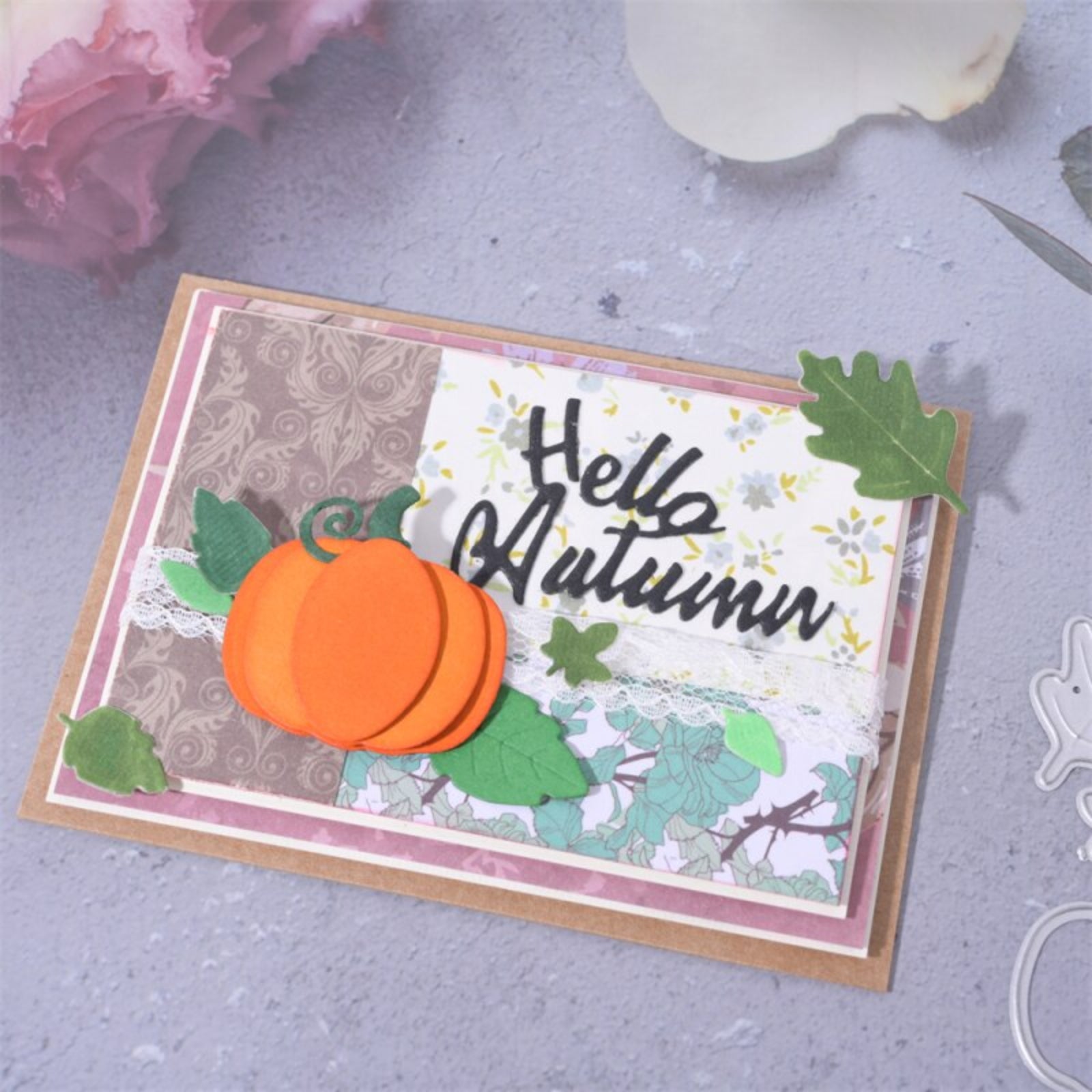 Happy Thanksgiving Day w Leaves, Pumpkin, Cooked Turkey Cutting & Embossing Dies