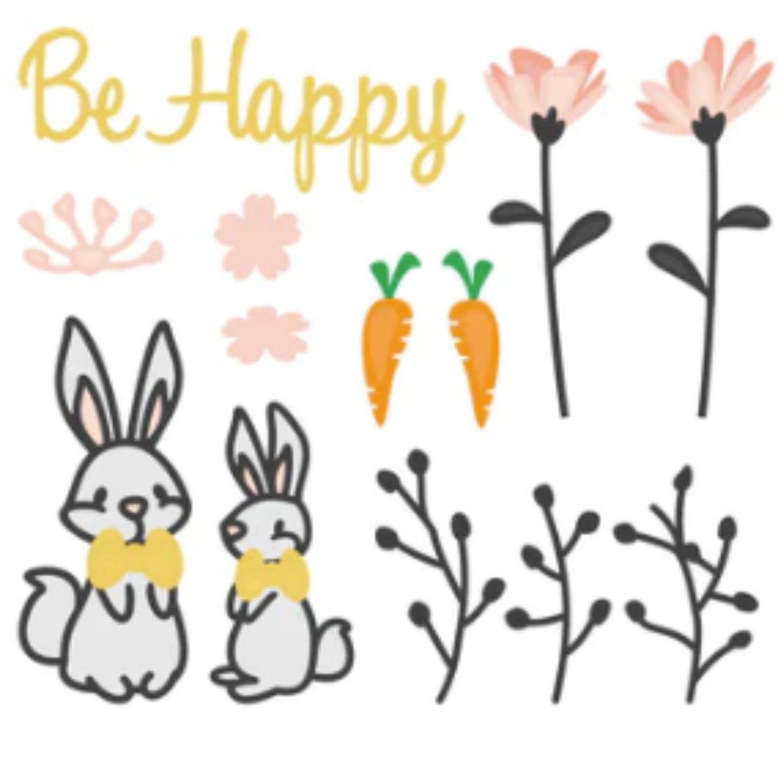 Be Happy Bunnies w Carrots & Flowers Cutting Dies