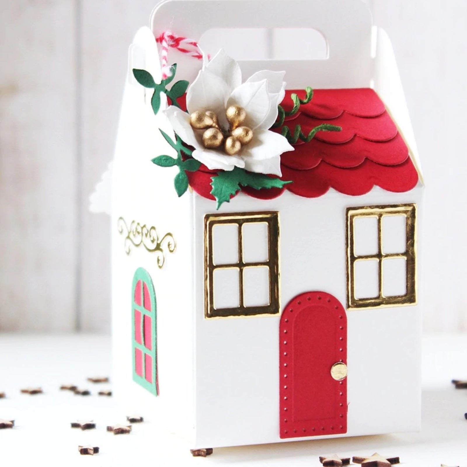Gingerbread House Gift Box w Christmas Tree Tag Bow Cutting & Embossing Dies