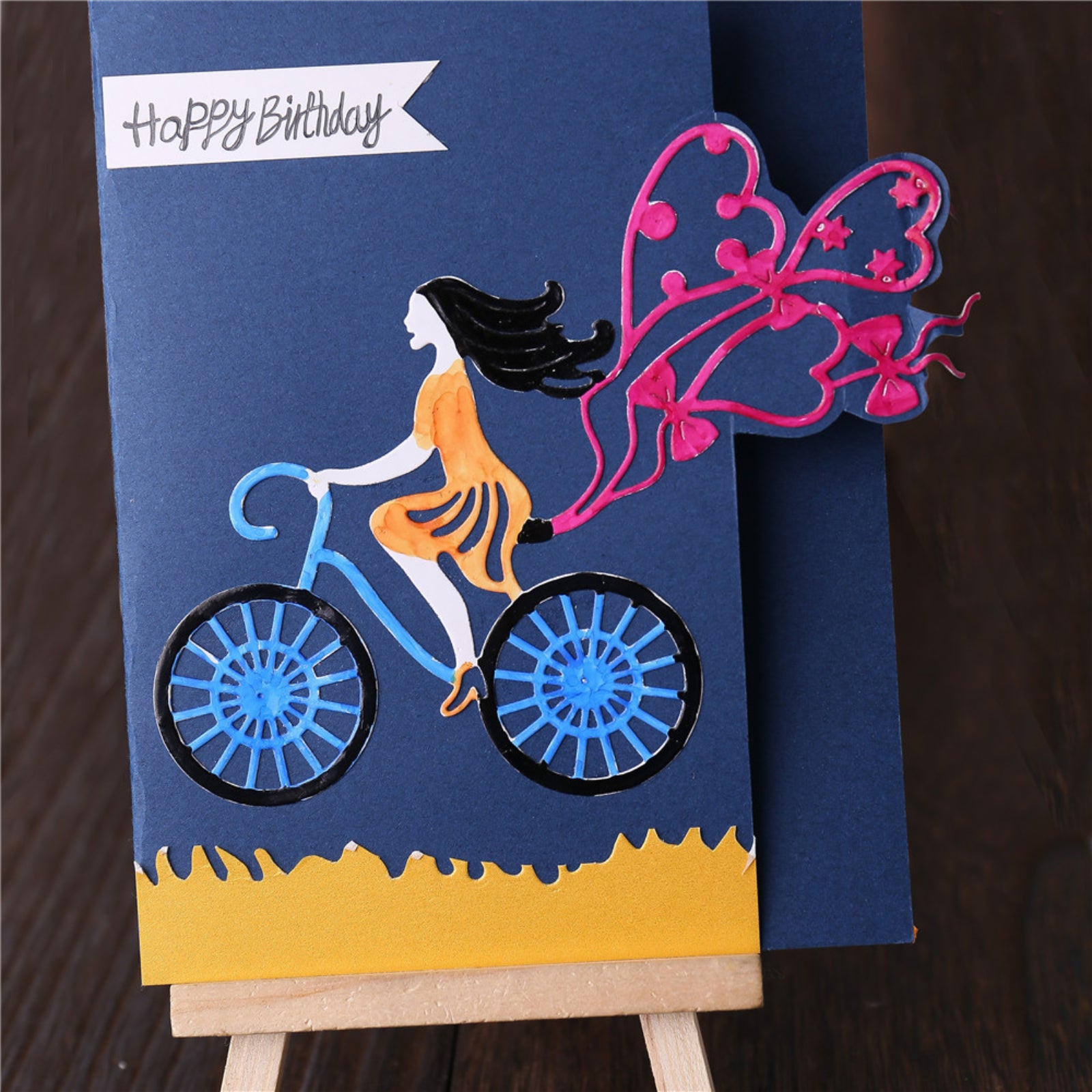 Lady Riding Bicycle w Heart Balloons Cutting Die