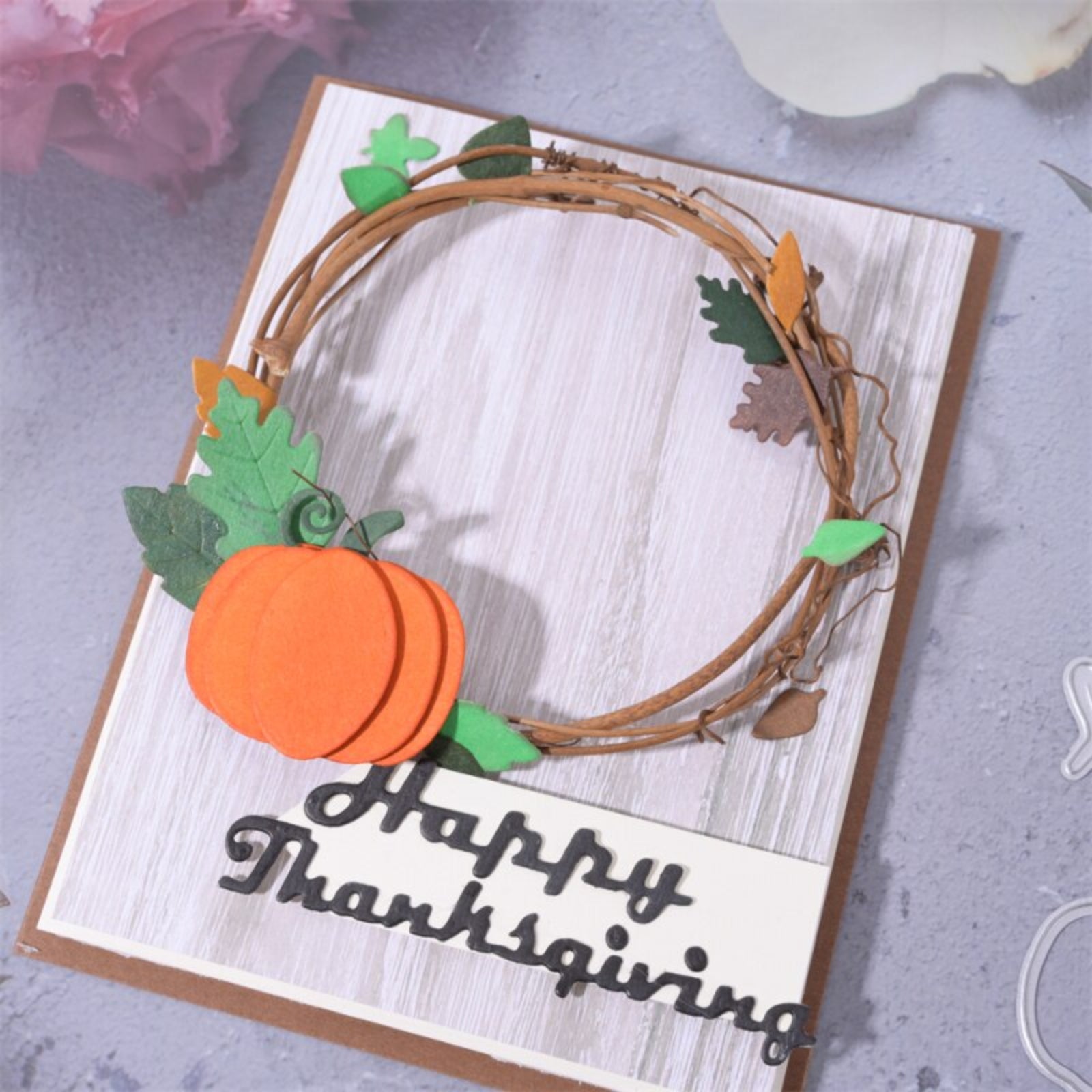 Happy Thanksgiving Day w Leaves, Pumpkin, Cooked Turkey Cutting & Embossing Dies